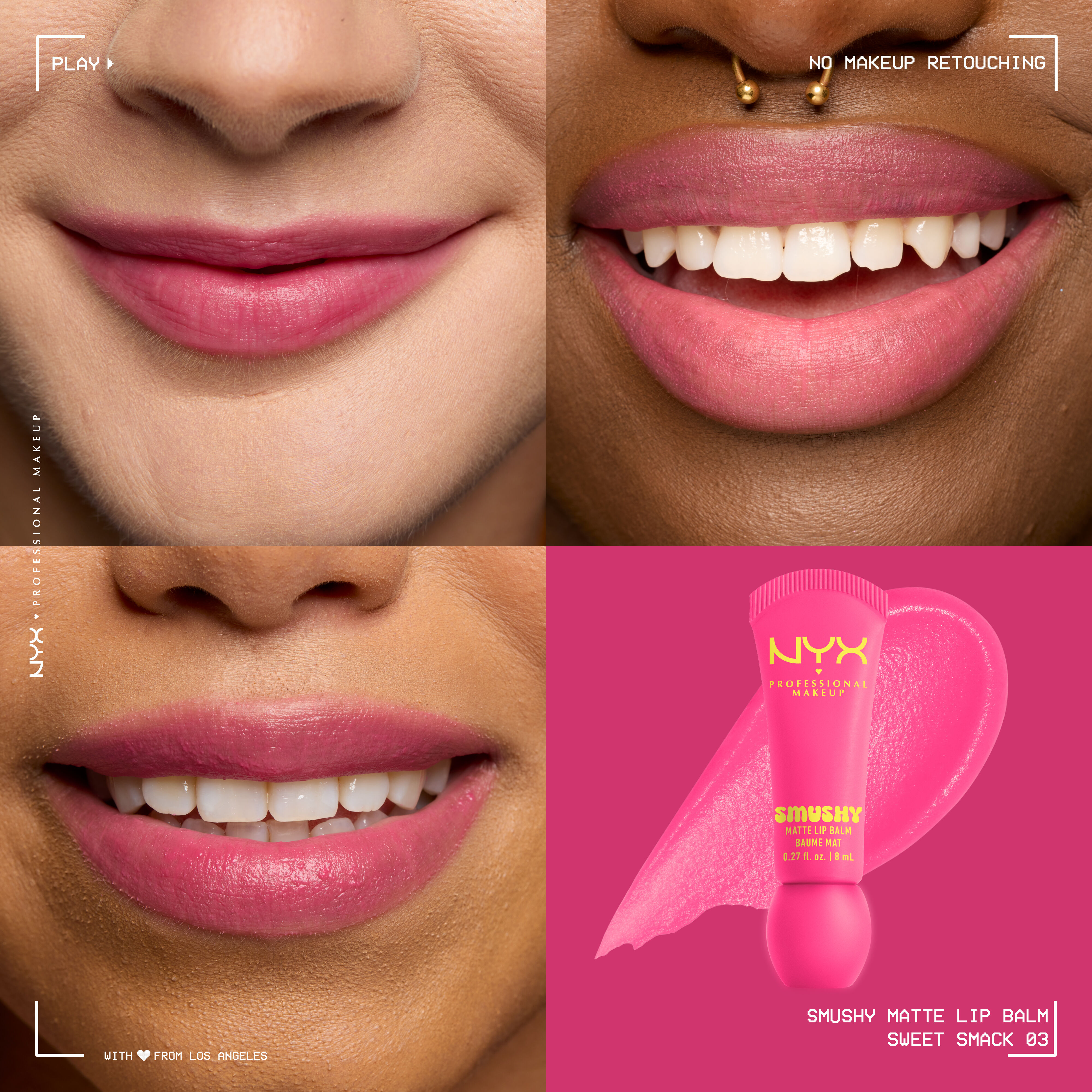 Smushy Matte Lip Balm in mid-tone pink shade, Sweet Smack, on three different skin tones
