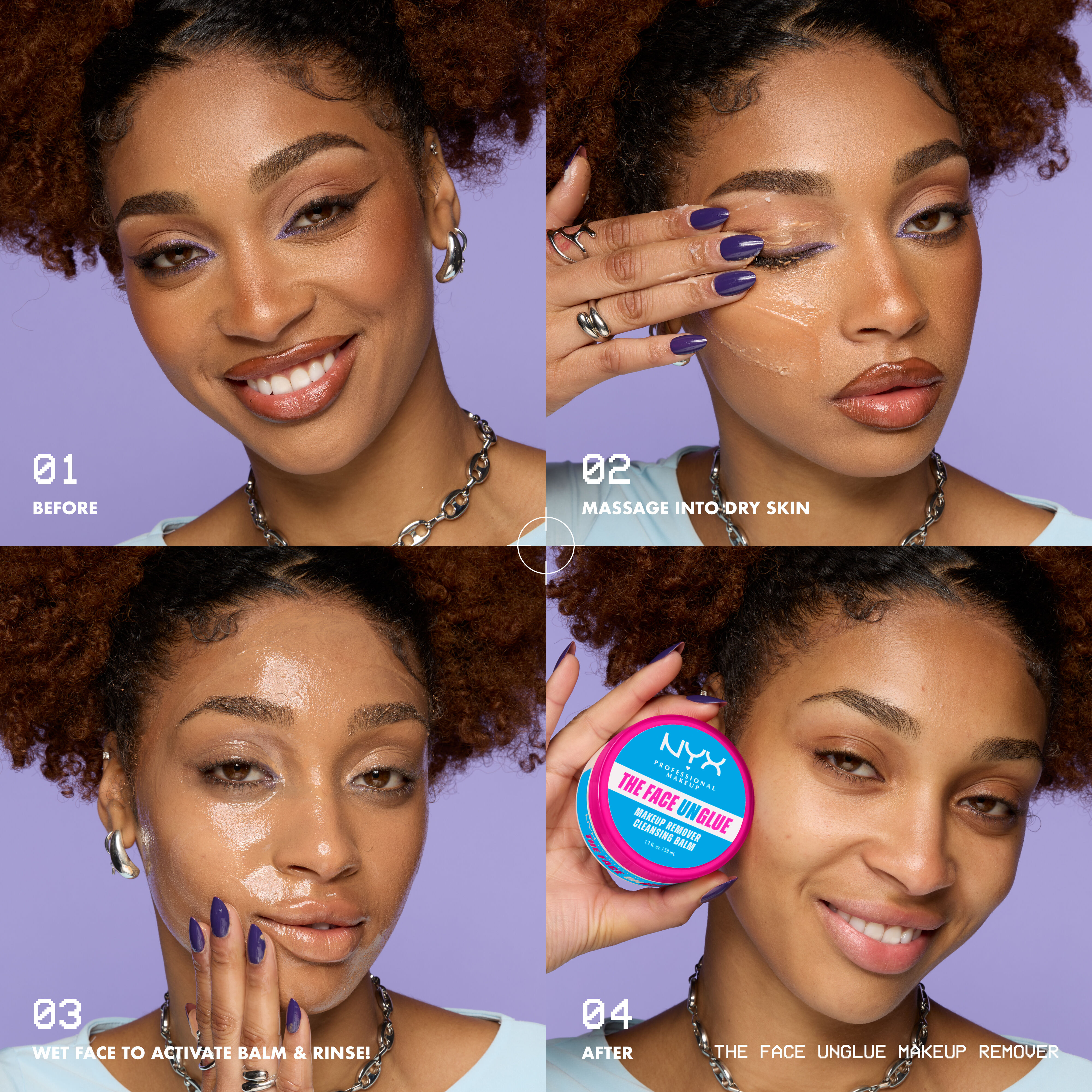 Split quadrant image showing steps of using The Face Unglue Makeup Remover Cleansing Balm.