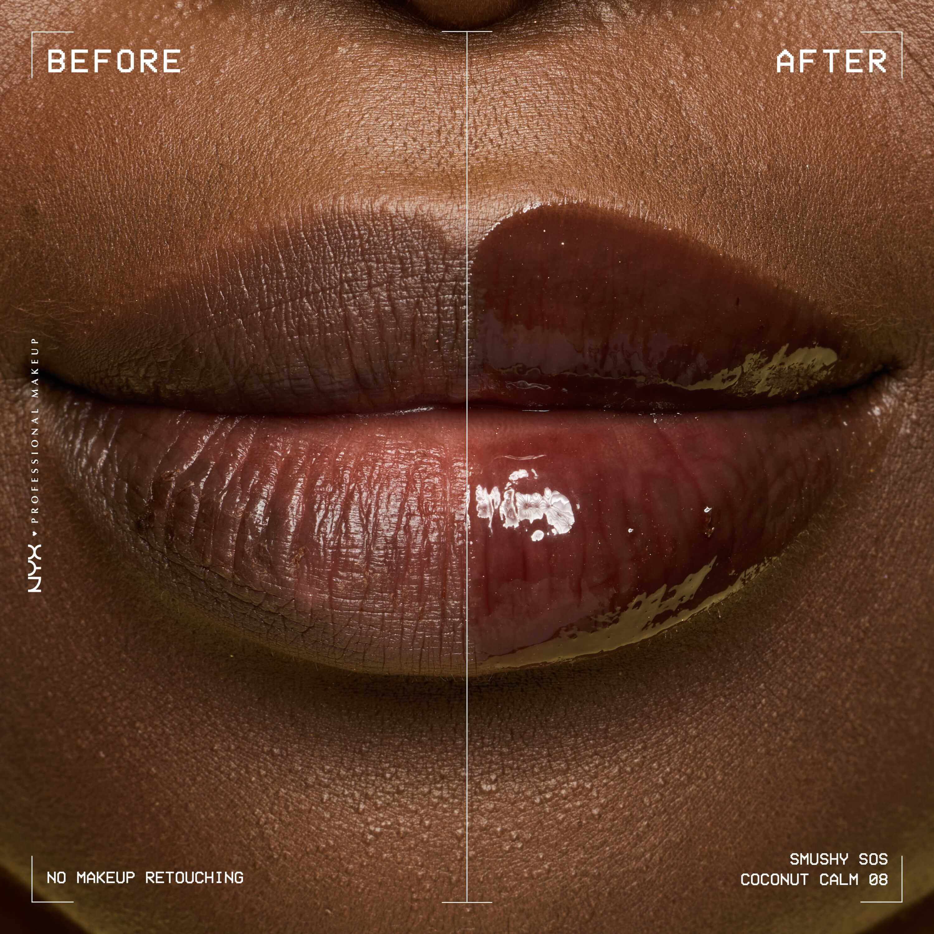 Before and after close-up of lips wearing NYX Smushy SOS Hydrating Lip Mask in Coconut Calm, showing a glossier finish and more hydrated look.