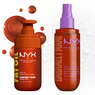 Two NYX Professional Makeup Caramelt Mami products lined up on a light background with caramel brown shimmer bubbles and clear droplets: Fat Oil body oil in a brown pump bottle and hair & body fragrance mist in a brown spray bottle with lavender pump.