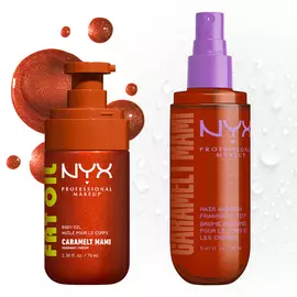 Two NYX Professional Makeup Caramelt Mami products lined up on a light background with caramel brown shimmer bubbles and clear droplets: Fat Oil body oil in a brown pump bottle and hair & body fragrance mist in a brown spray bottle with lavender pump.