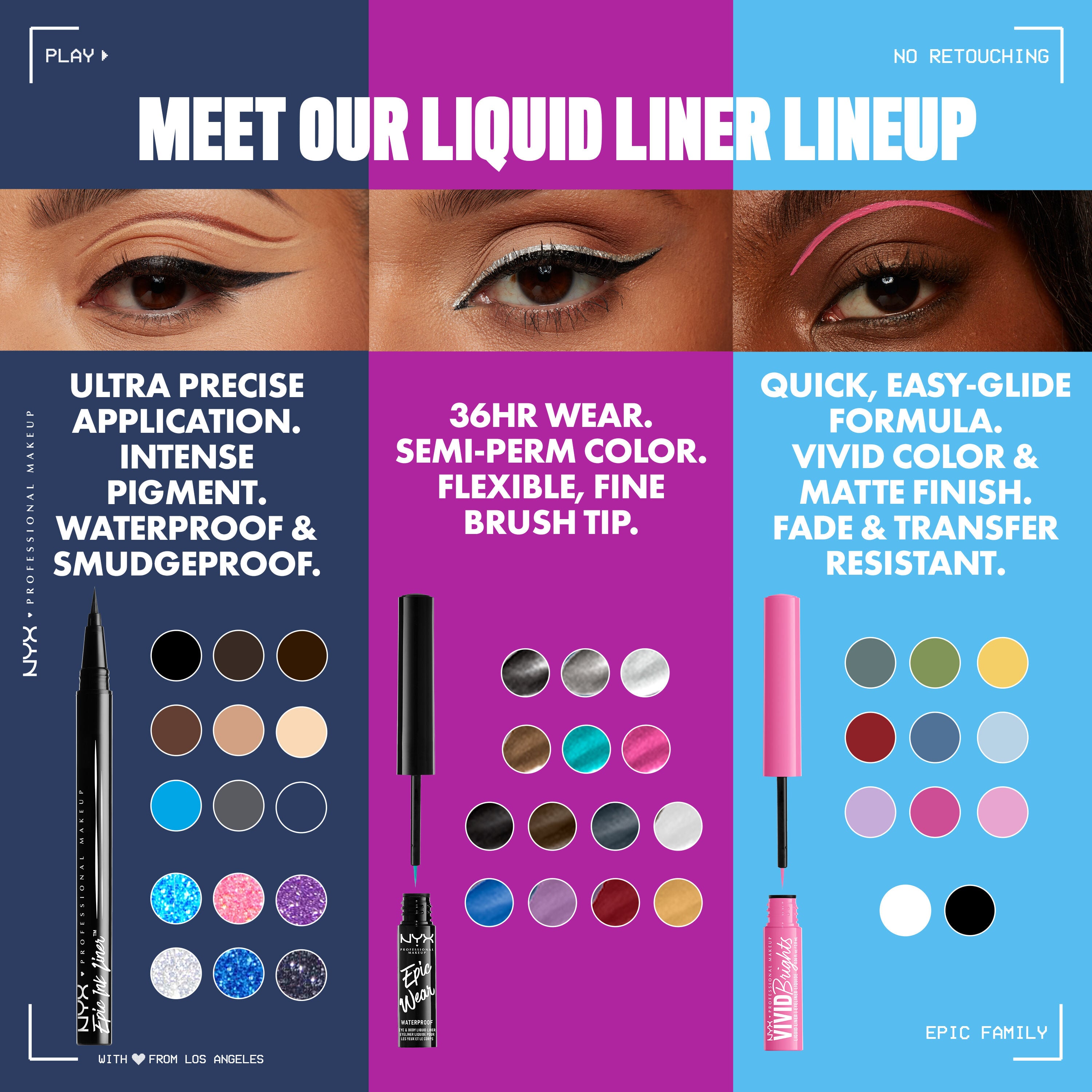 Collage showcasing three NYX Cosmetics liquid liner products & available shades for each, plus benefits for each product