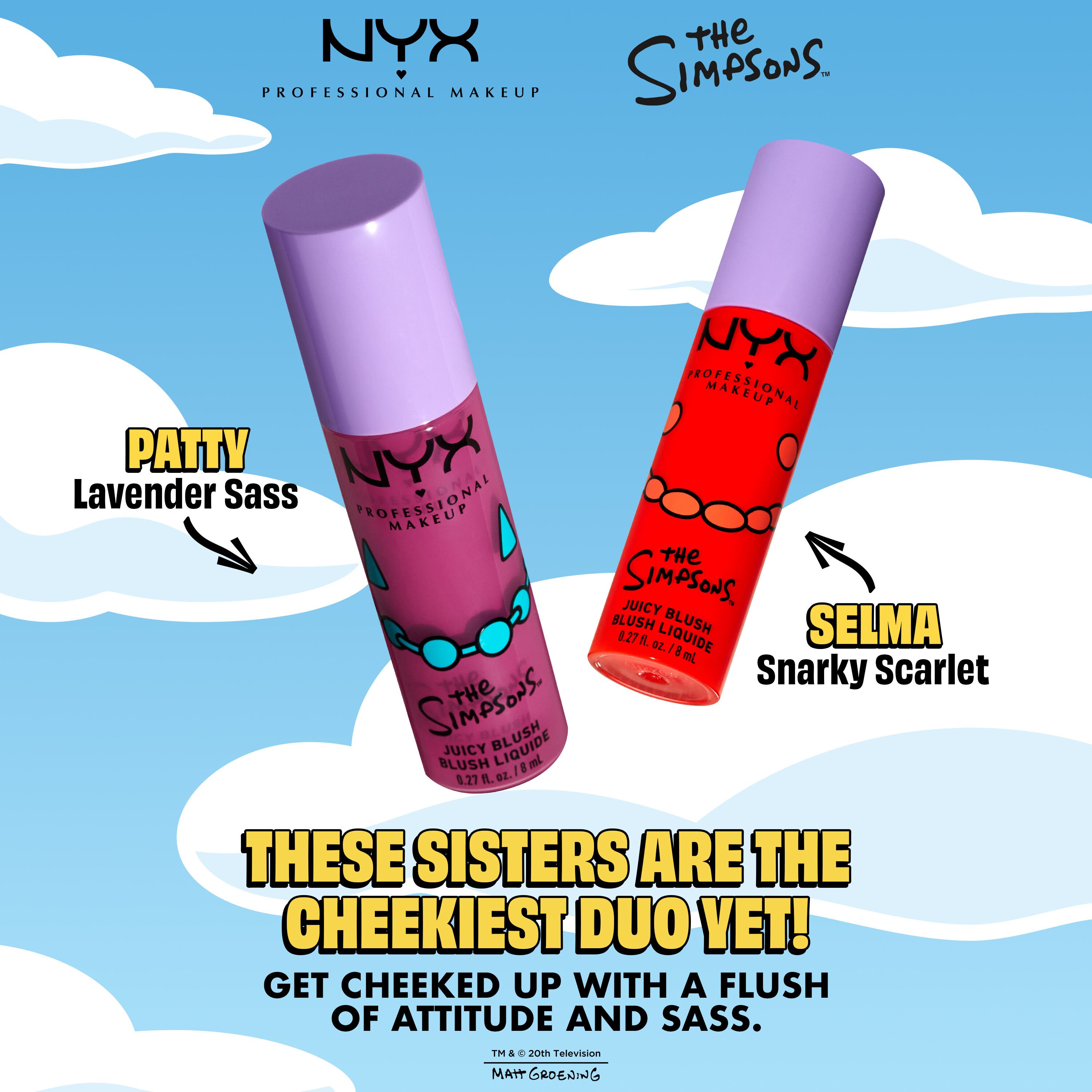 NYX Professional Makeup The Simpsons Fat Blush range, two blush sticks with purple and red packaging, product names, and description on a blue background 01 Snarky Scarlet