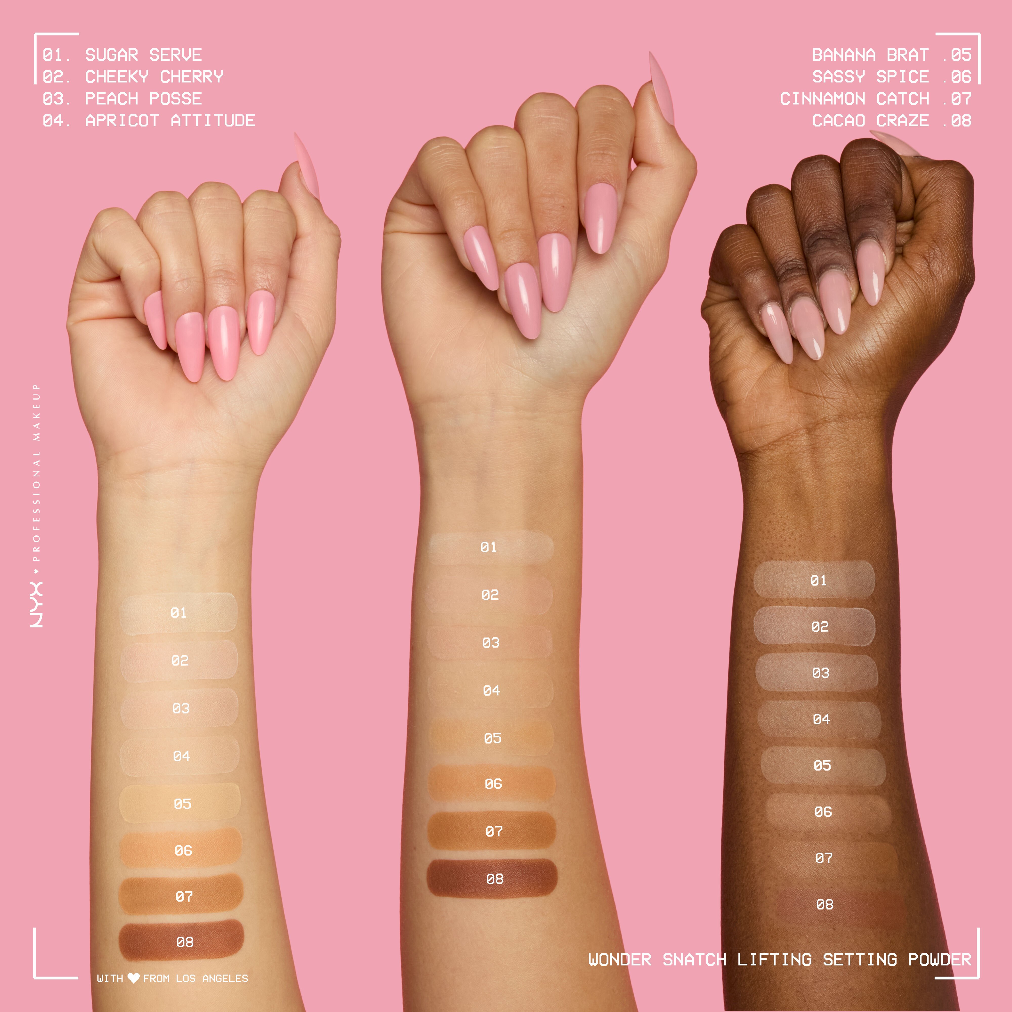 8 shades of Wonder Snatch Setting Powder swatched on three arms of differing skin tones