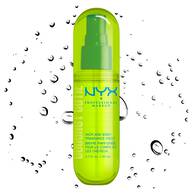 Front packshot of Coconut Cutie spray mist with droplet particles on white background.