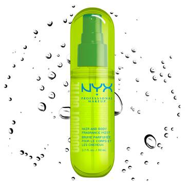 Front packshot of Coconut Cutie spray mist with droplet particles on white background.