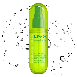 Front packshot of Coconut Cutie spray mist with droplet particles on white background.