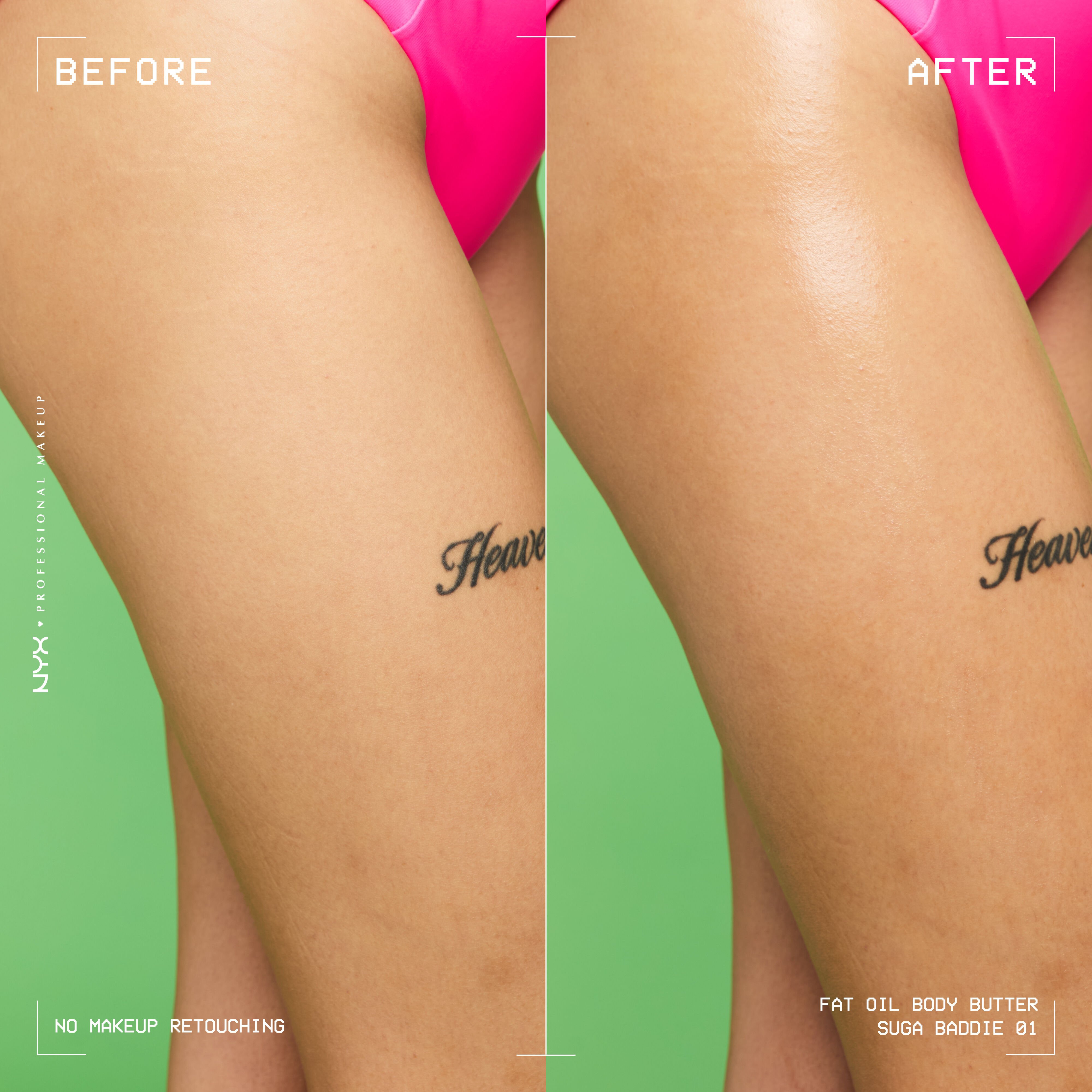 Side-by-side of model's legs showing skin before body butter application and with the clear, high-shine finish of the body butter in the after shot.  