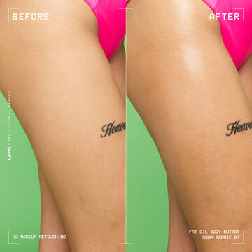 Side-by-side of model's legs showing skin before body butter application and with the clear, high-shine finish of the body butter in the after shot.  
