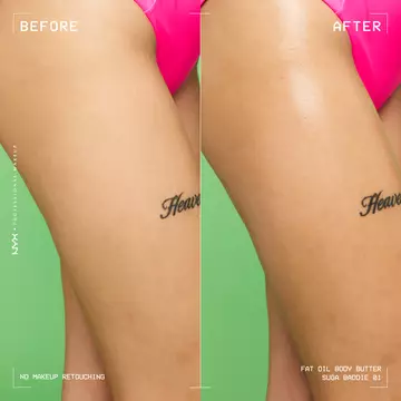 Side-by-side of model's legs showing skin before body butter application and with the clear, high-shine finish of the body butter in the after shot.  