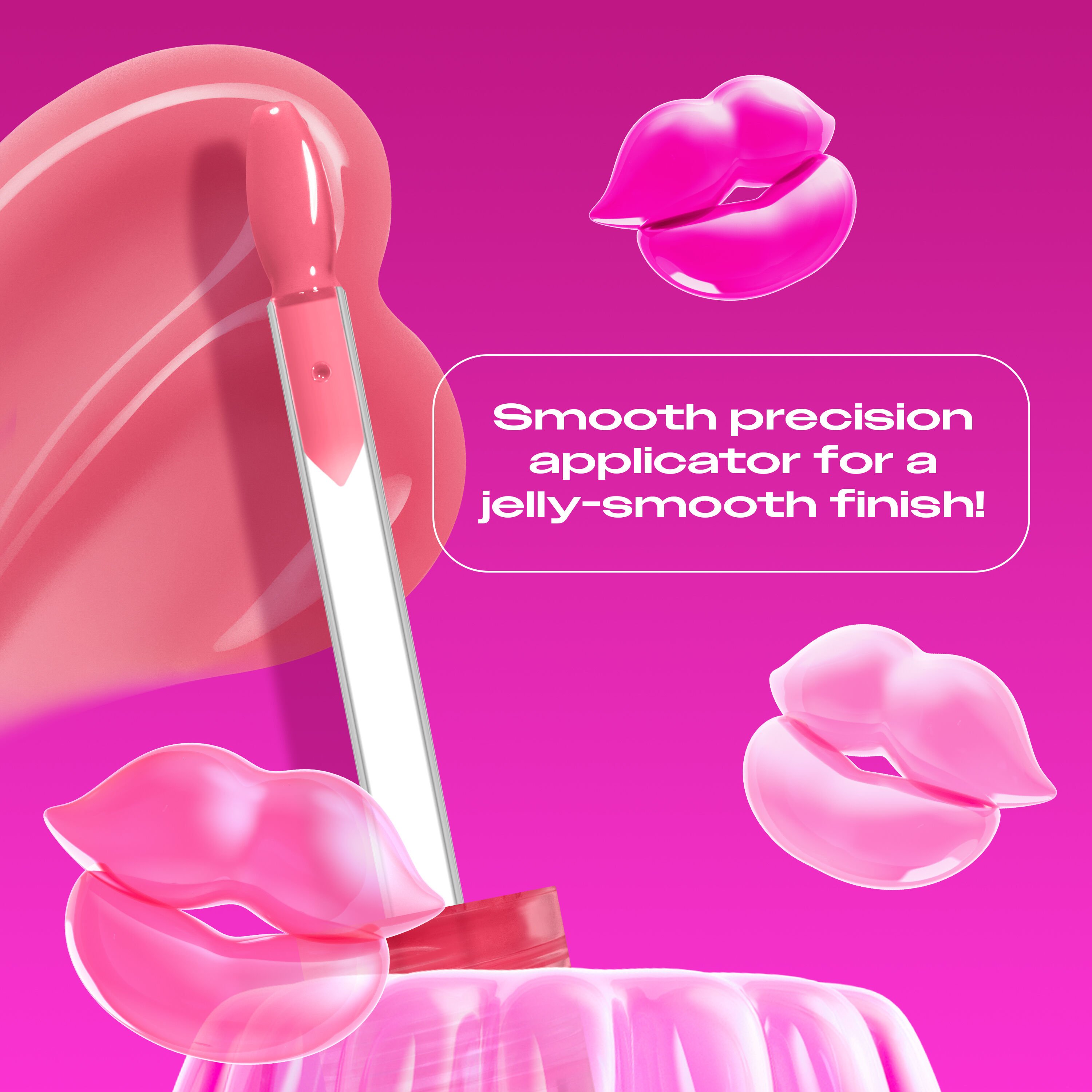 Jelly Job Lip Gloss applicator & swatch in shade 'Jelly Blushin'', with text on precision applicator for smooth lip finish  