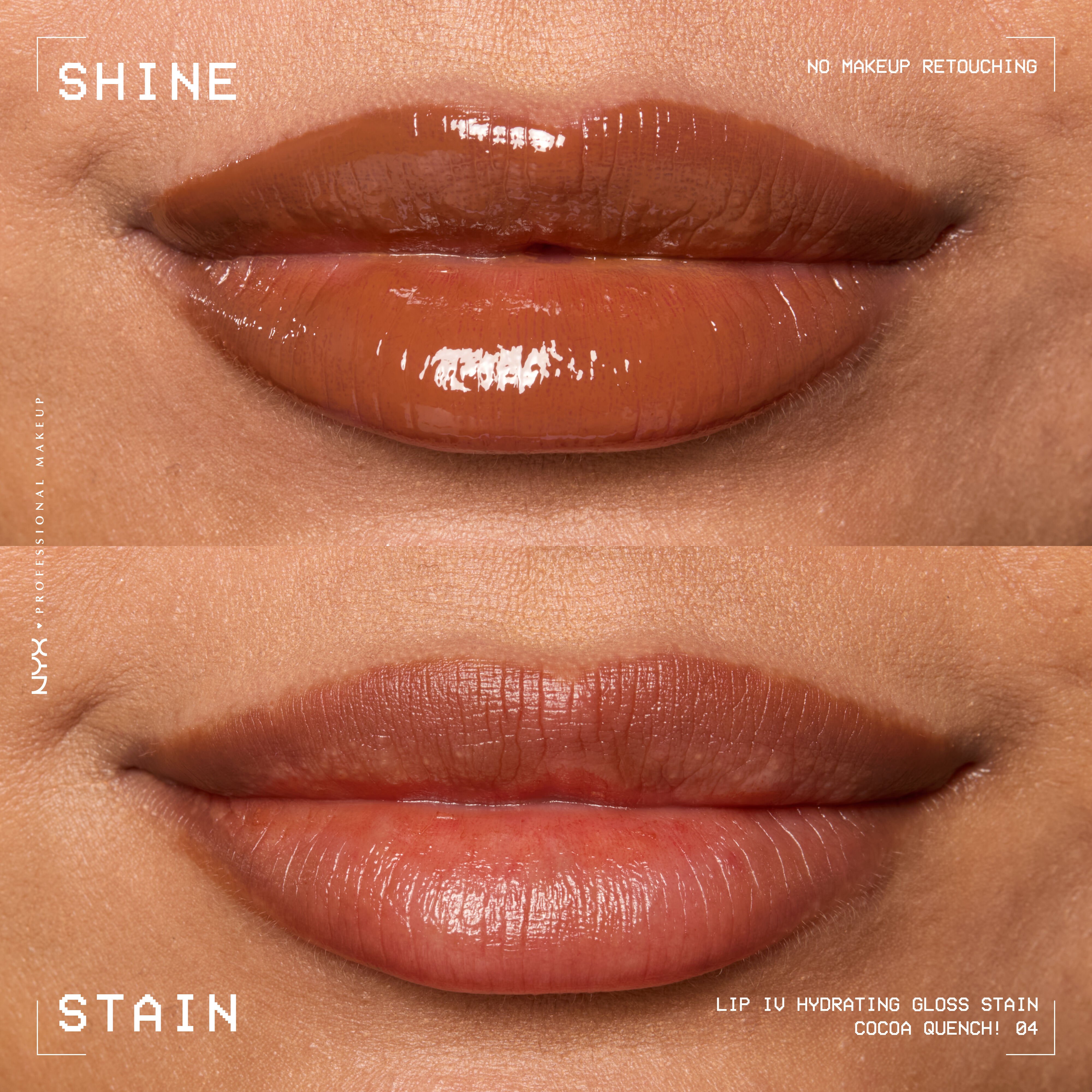 comparison of lips when glossy from Lip I.V. Hydrating Lip Stain vs after staining labeled “Shine” and “Stain”