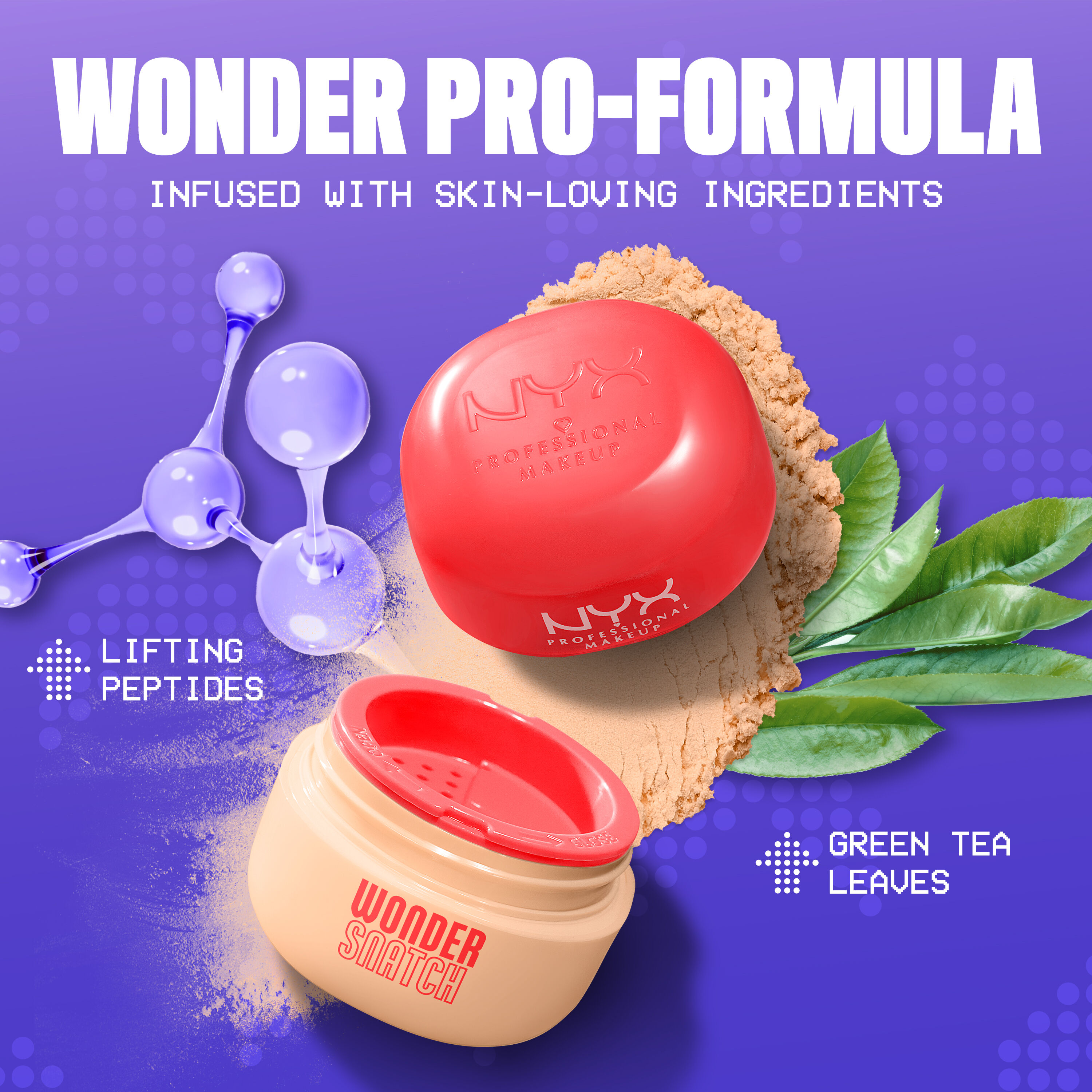 Open Wonder Snatch Setting Powder in brightening peach shade Peach Posse with spilled powder, green tea leaves, and peptides