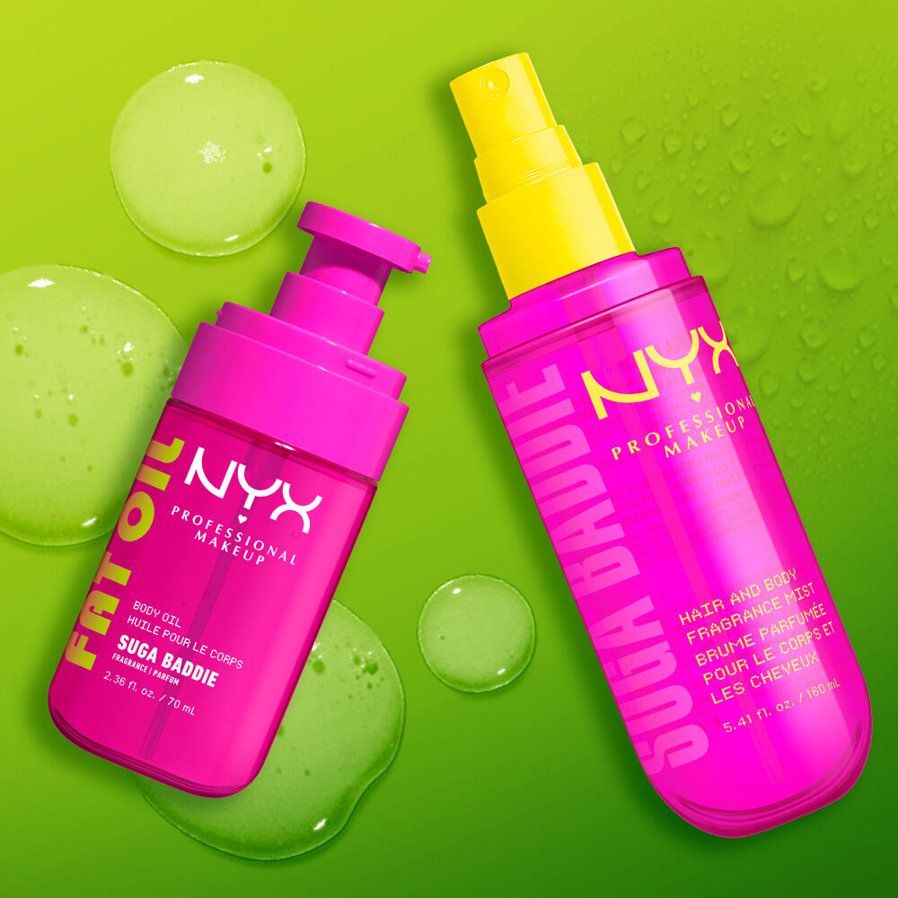 Two bright pink NYX Professional Makeup bottles on a lime green background with glossy liquid droplets: Fat Oil Suga Baddie body oil  and Suga Baddie hair & body fragrance mist with yellow spray pump.