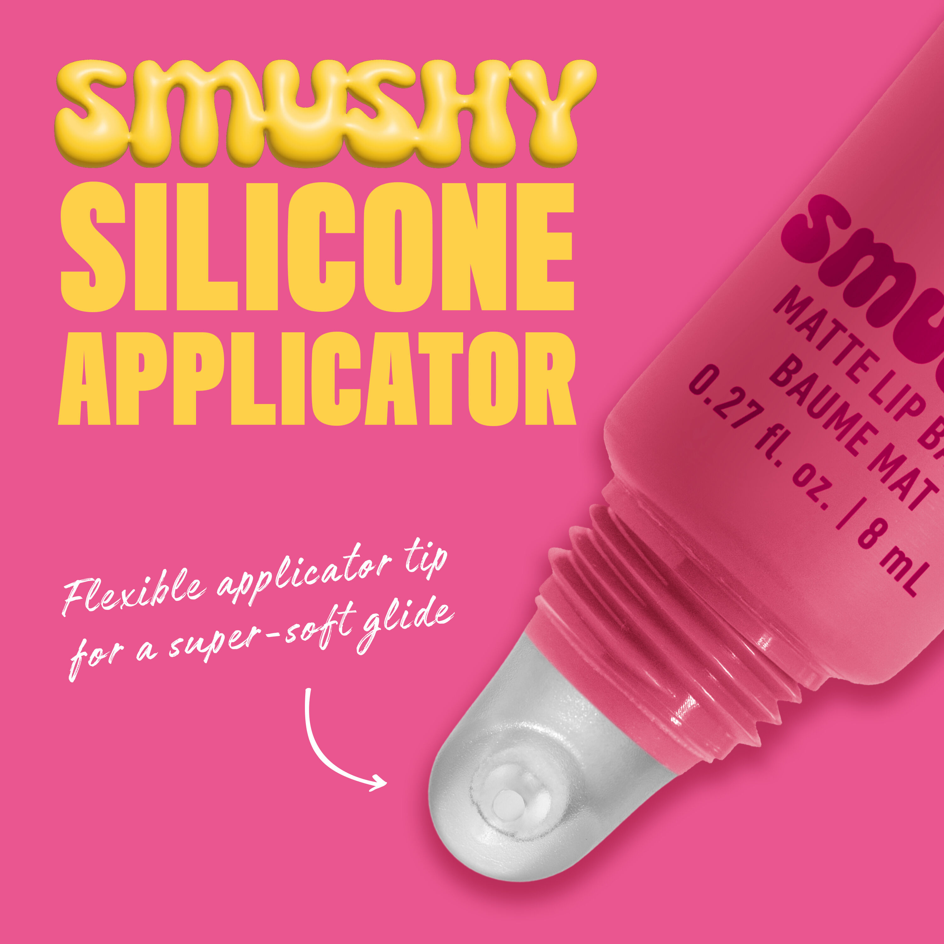 Closeup of Smushy Lip Balm in shade "Swipe Sesh" silicone applicator with text "Flexible applicator tip for a super-soft glide"
