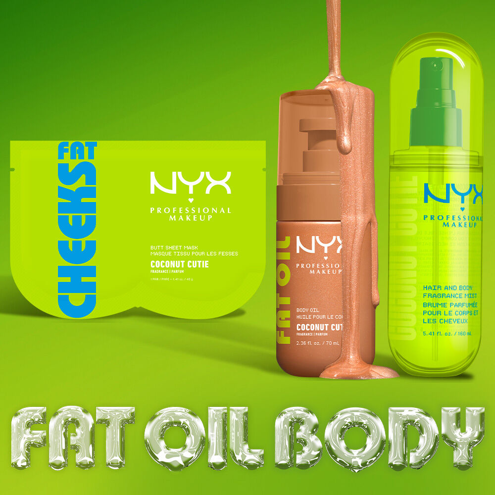Three NYX Professional Makeup Coconut Cutie products on a lime green background: Fat Cheeks butt mask, Fat Oil body oil, and hair & body fragrance mist. Text reads: Fat Oil Body.