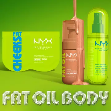 Three NYX Professional Makeup Coconut Cutie products on a lime green background: Fat Cheeks butt mask, Fat Oil body oil, and hair & body fragrance mist. Text reads: Fat Oil Body.