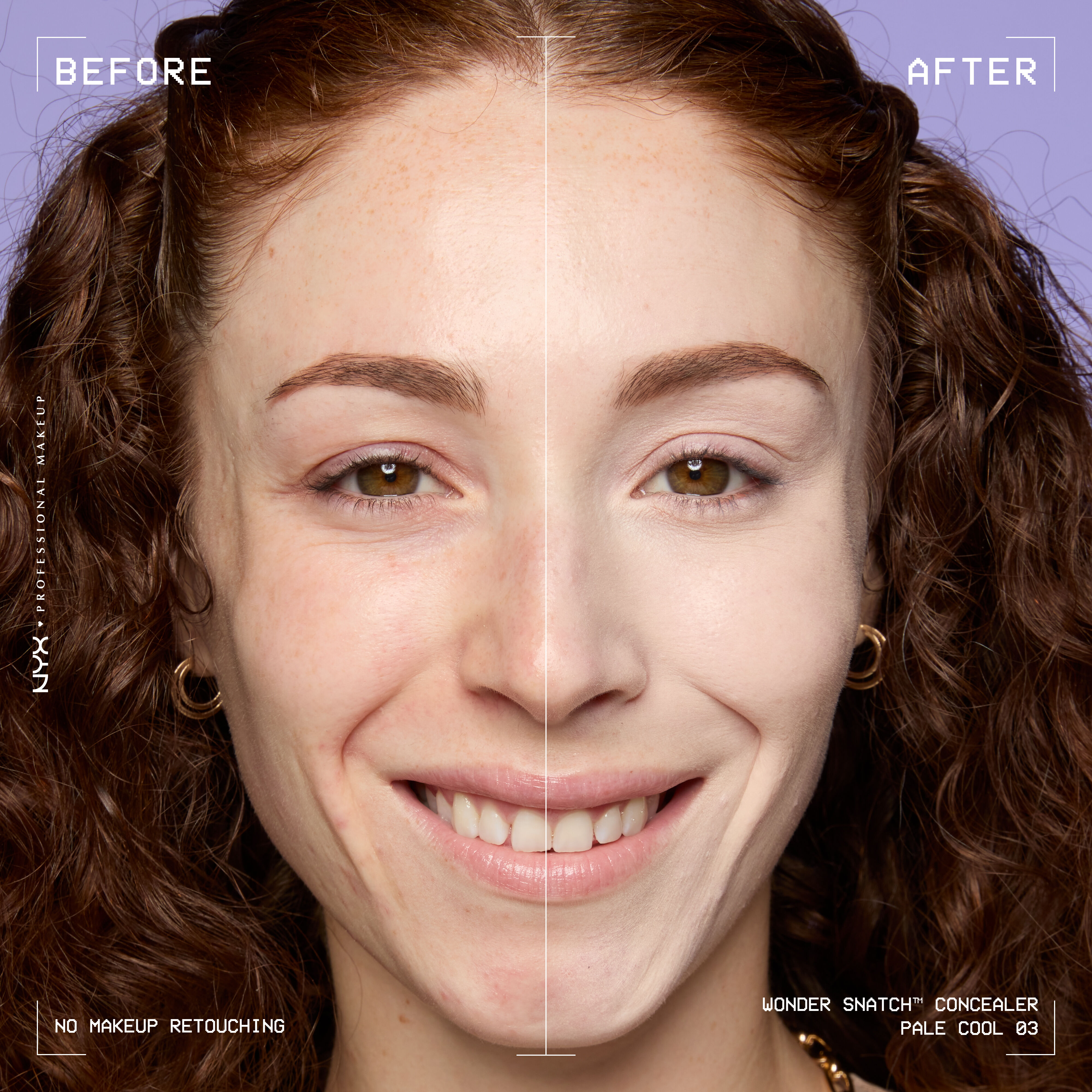Before-and-after comparison of model wearing Wonder Snatch(TM) Concealer, showing brighter under-eyes and smoother-looking skin.