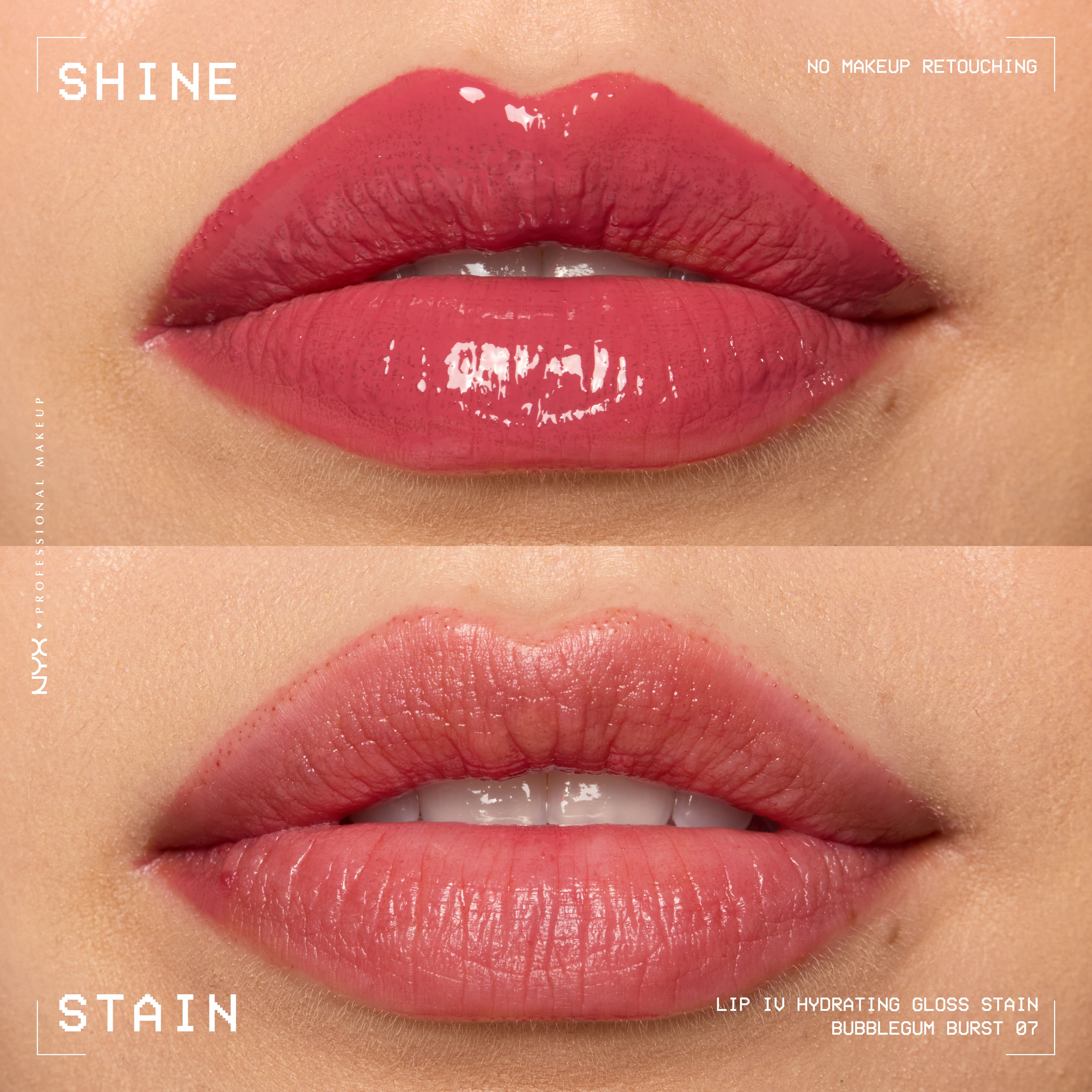 comparison of lips when glossy from Lip I.V. Hydrating Lip Stain vs after staining labeled “Shine” and “Stain”