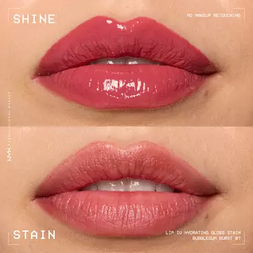 comparison of lips when glossy from Lip I.V. Hydrating Lip Stain vs after staining labeled “Shine” and “Stain”