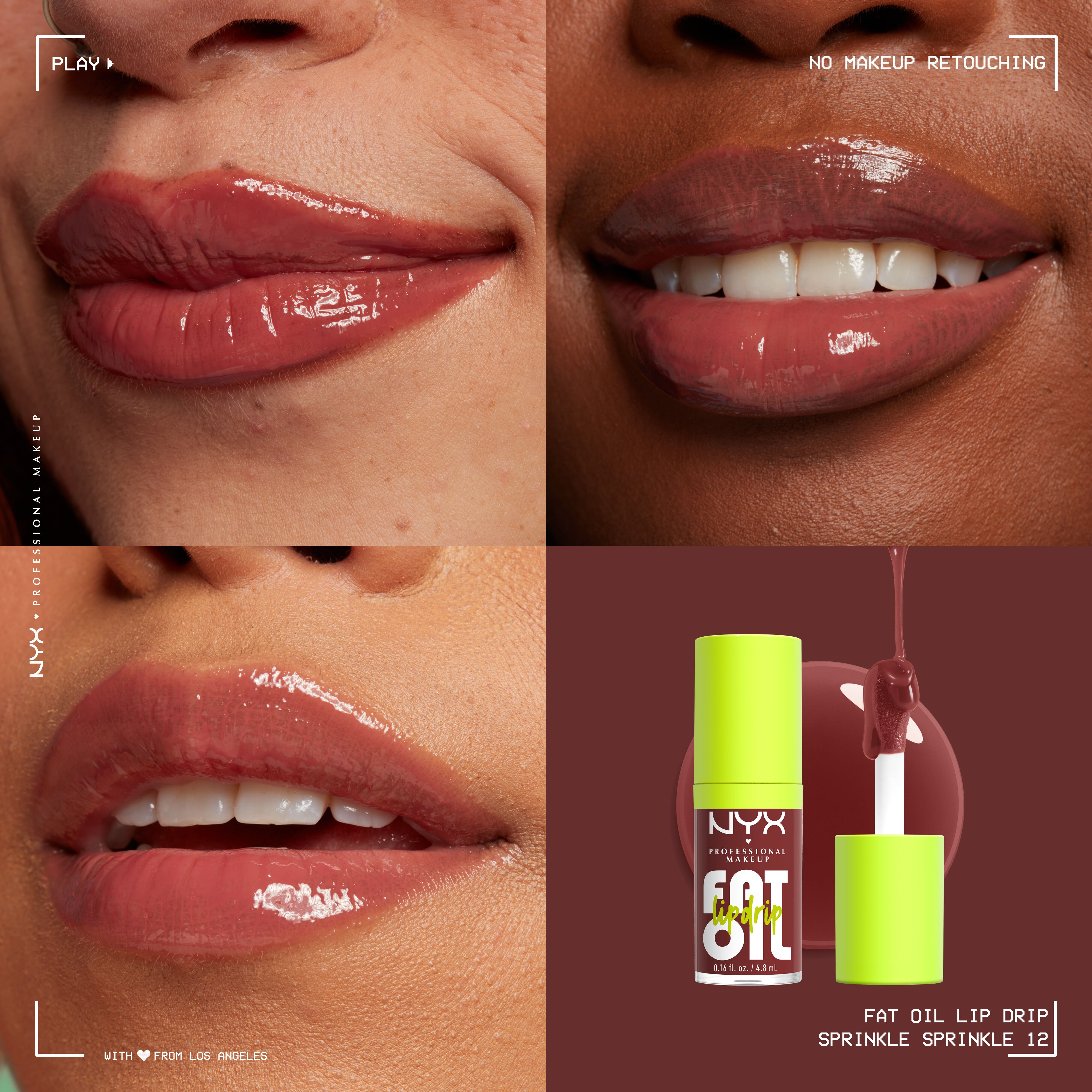 Fat Oil Lip Drip Lip Oil in shade Sprinkle Sprinkle on three different skin tones