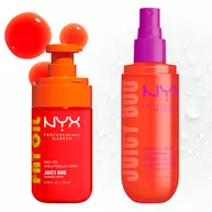 Two NYX Professional Makeup Juicy Boo products on a light background: Fat Oil body oil in a bright orange pump bottle and hair & body fragrance mist in a coral spray bottle with purple pump.