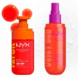 Two NYX Professional Makeup Juicy Boo products on a light background: Fat Oil body oil in a bright orange pump bottle and hair & body fragrance mist in a coral spray bottle with purple pump.
