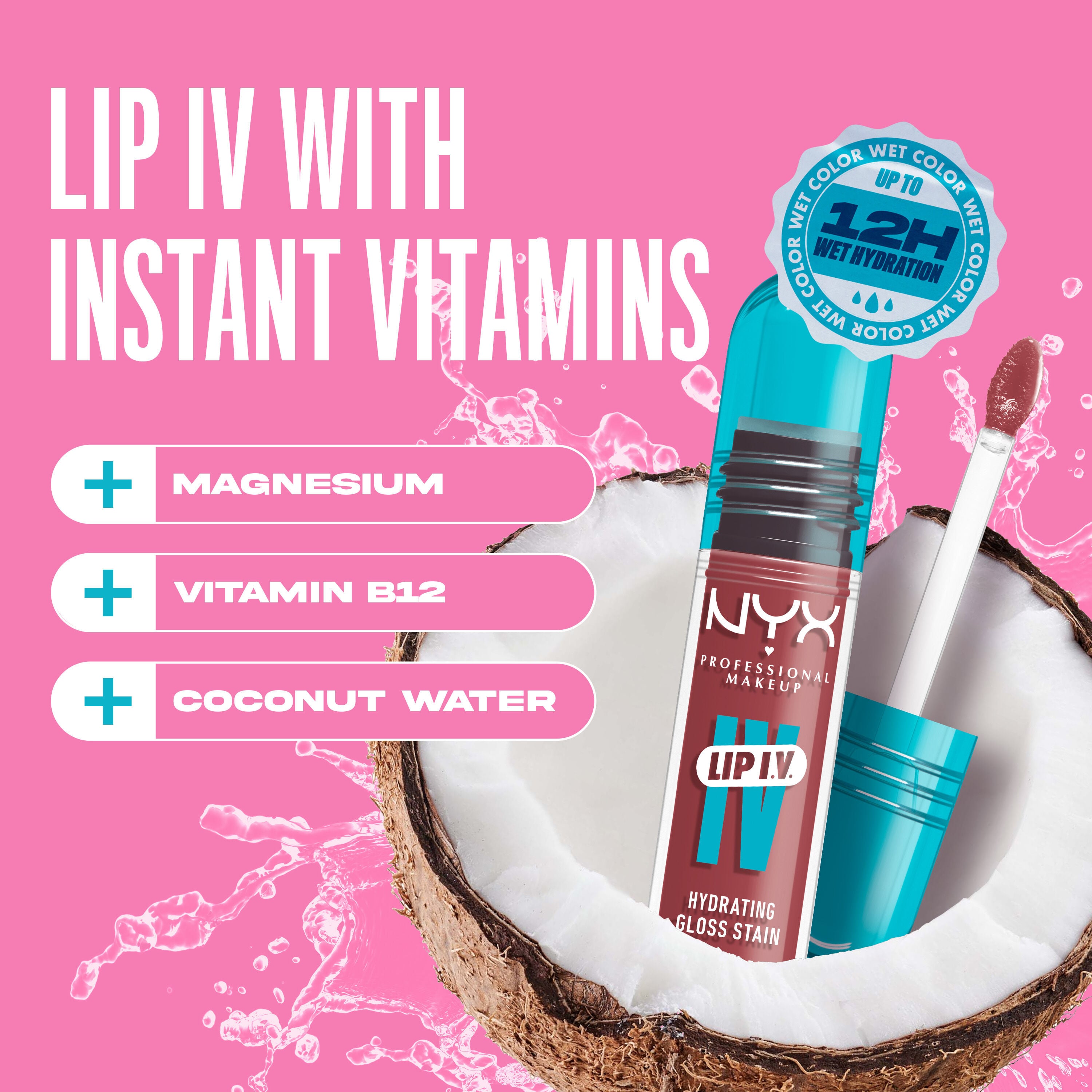 Lip I.V. Hydrating Lip Gloss Stain in a coconut against pink background with text "Lip IV With Instant Vitamins Magnesium, Vitamin B12, Coconut Water"