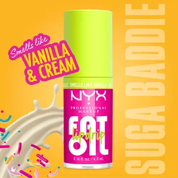 NYX Professional Makeup Fat Oil Lip Drip lip gloss in bright pink packaging with lime green cap, vanilla cream scent callout, and creamy splash with colorful sprinkles on yellow background.