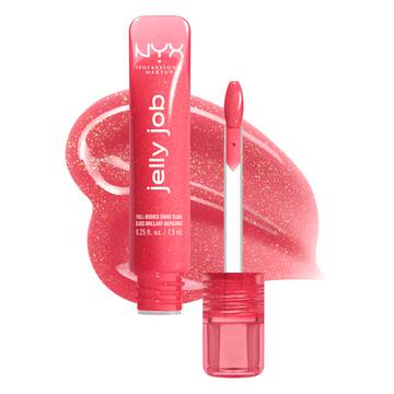 Open Jelly Job Jelly Lip Gloss in shade 'Jelly Kiss'd', a pink shimmer jelly gloss with shade swatch in the background