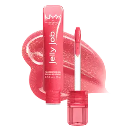 Open Jelly Job Jelly Lip Gloss in shade 'Jelly Kiss'd', a pink shimmer jelly gloss with shade swatch in the background