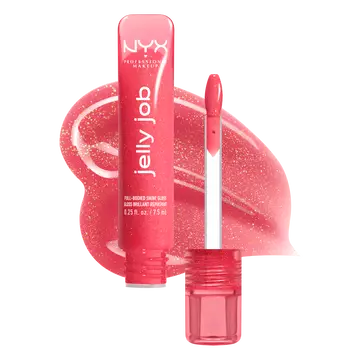 Open Jelly Job Jelly Lip Gloss in shade 'Jelly Kiss'd', a pink shimmer jelly gloss with shade swatch in the background