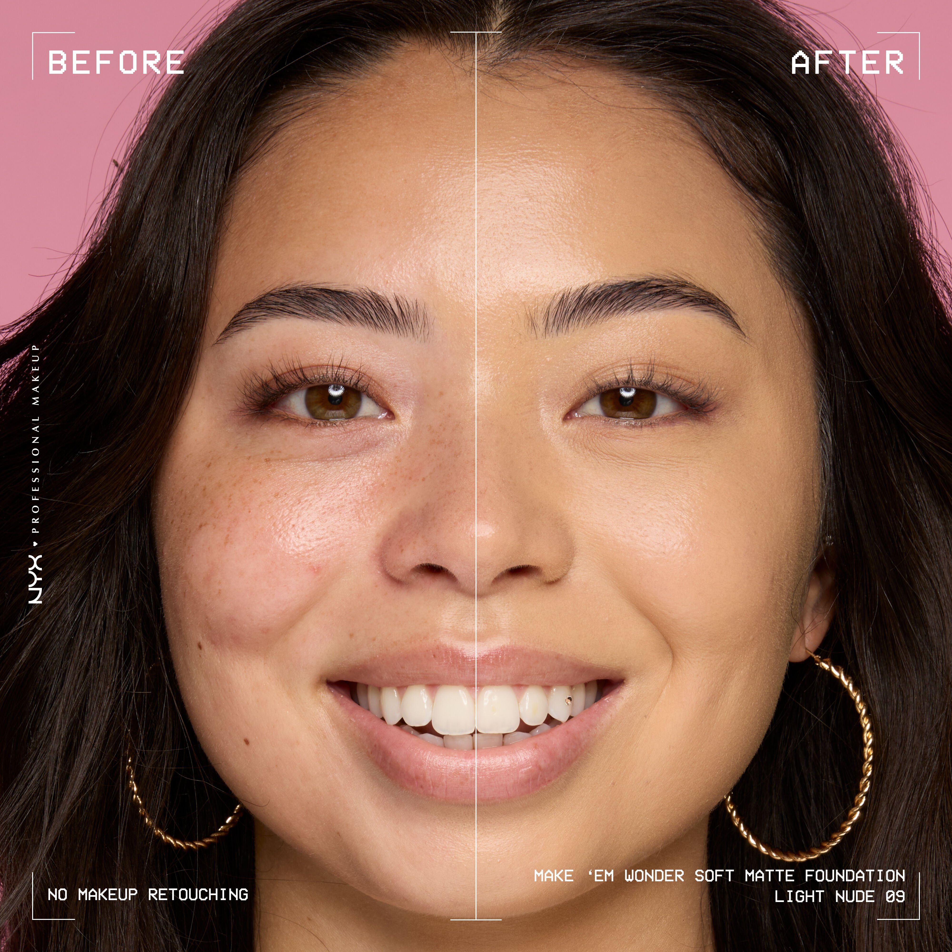 Before-and-after model wearing NYX Make ’Em Wonder Foundation shade 09 Light Nude, text overlay “Before / After.”
