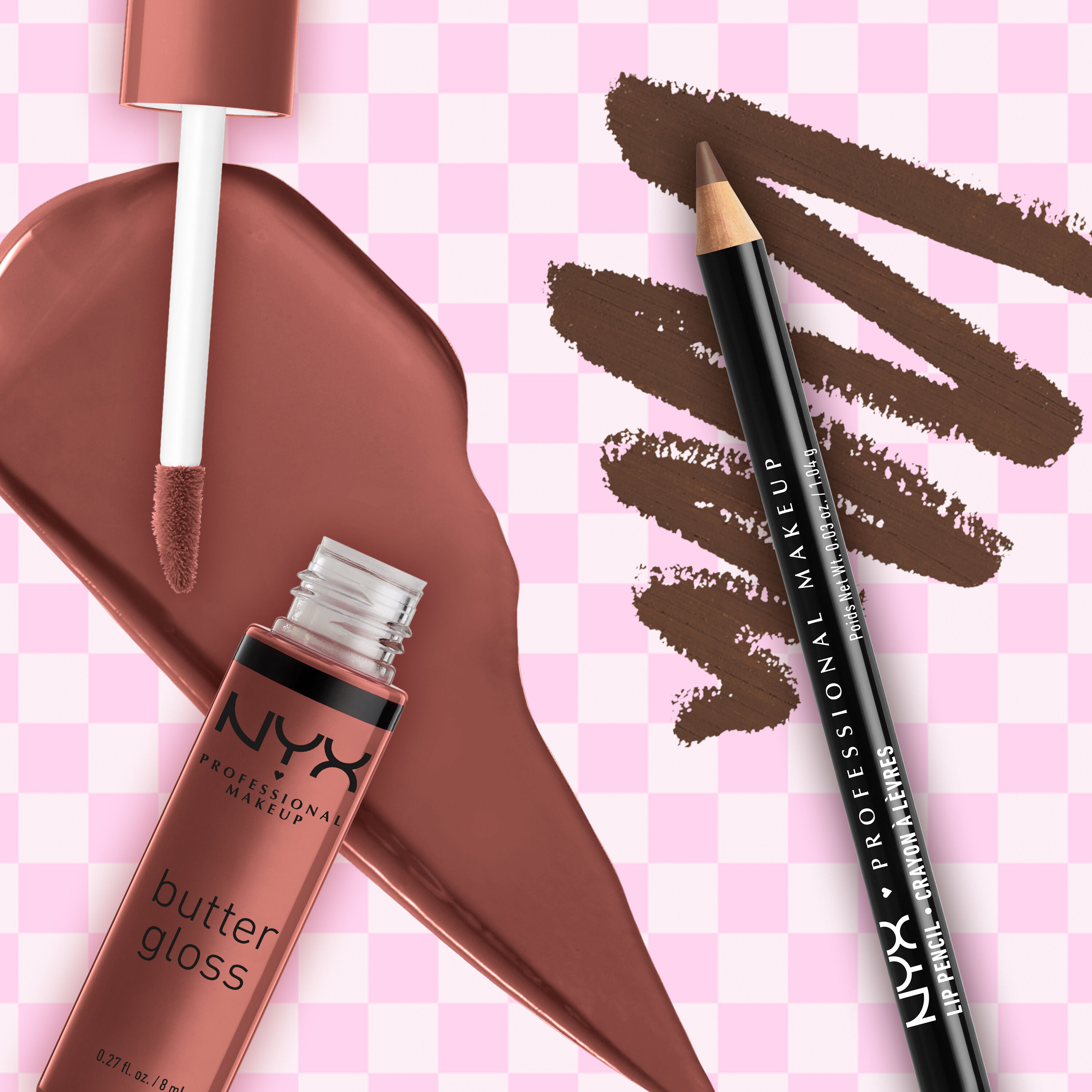 NYX Professional Makeup Slim Lip Pencil in 820 Espresso and Butter Gloss in 16 Praline displayed in a flatlay with swatches on a pink check background.