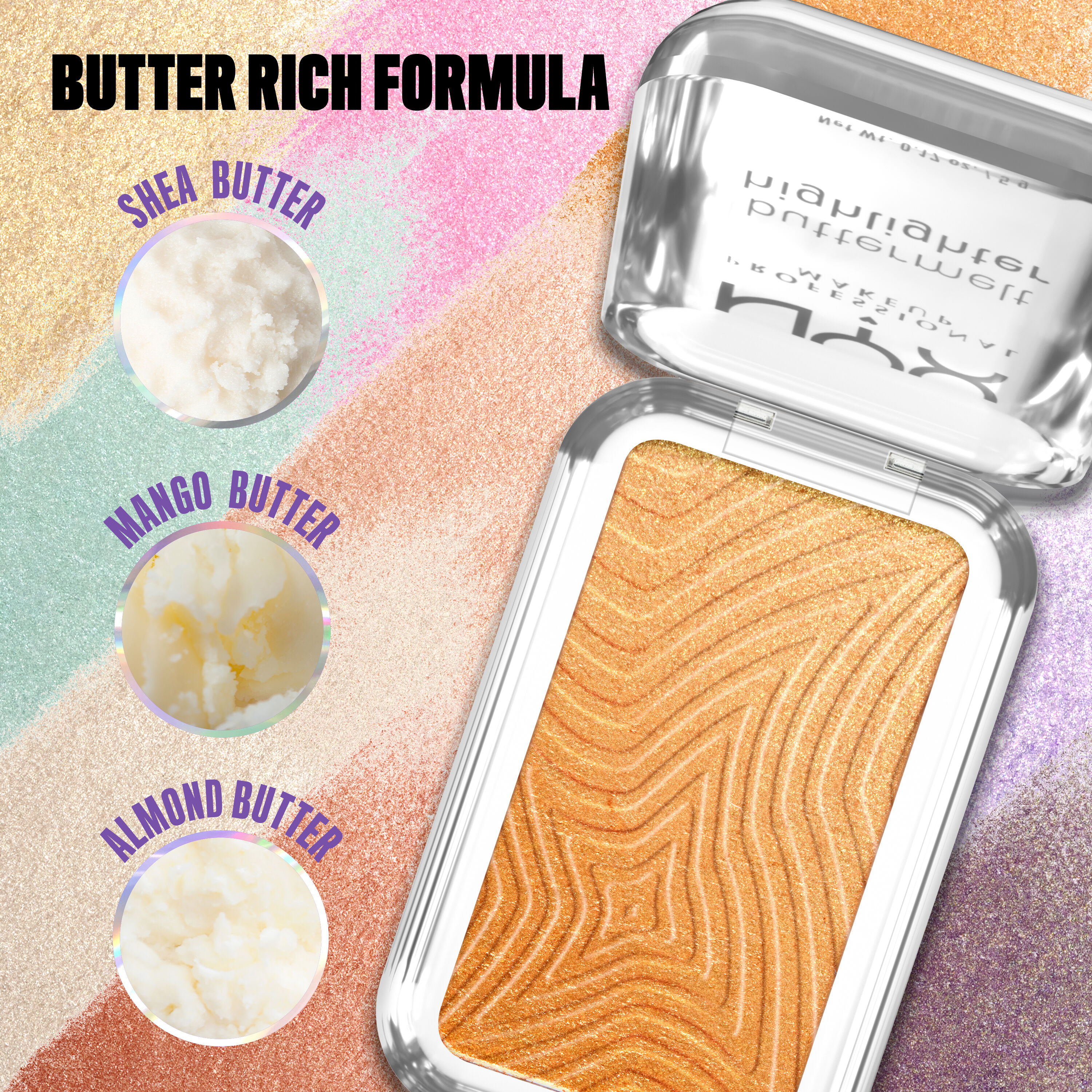 Open Buttermelt Highlighter in shade "Butta Bling", with image close-ups of shea, mango, and almond butter