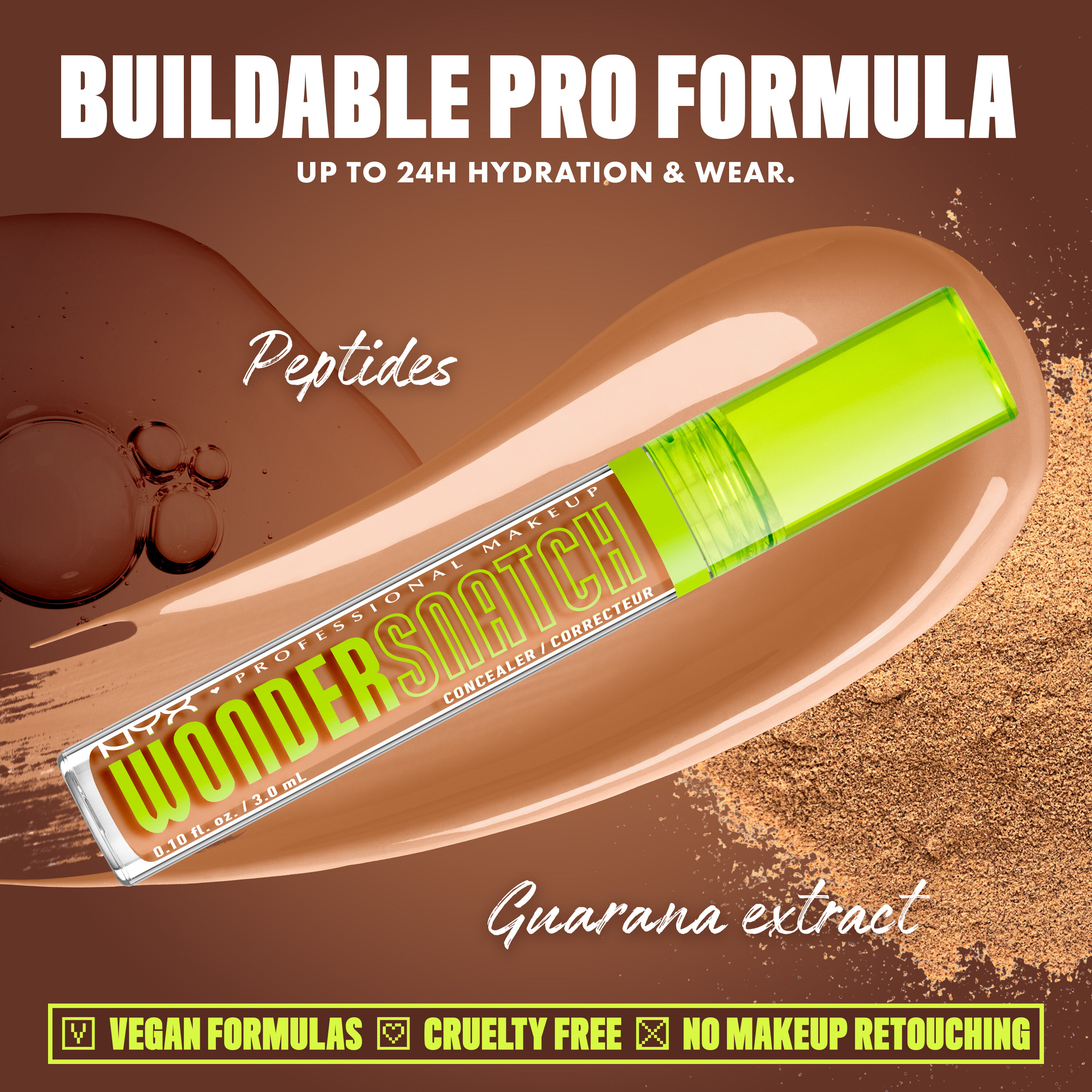 Wonder Snatch(TM) Concealer image with text: "Buildable Pro Formula. Up to 24H Hydration & Wear. Peptides. Guarana extract. Vegan Formulas. Cruelty Free. No Makeup Retouching."