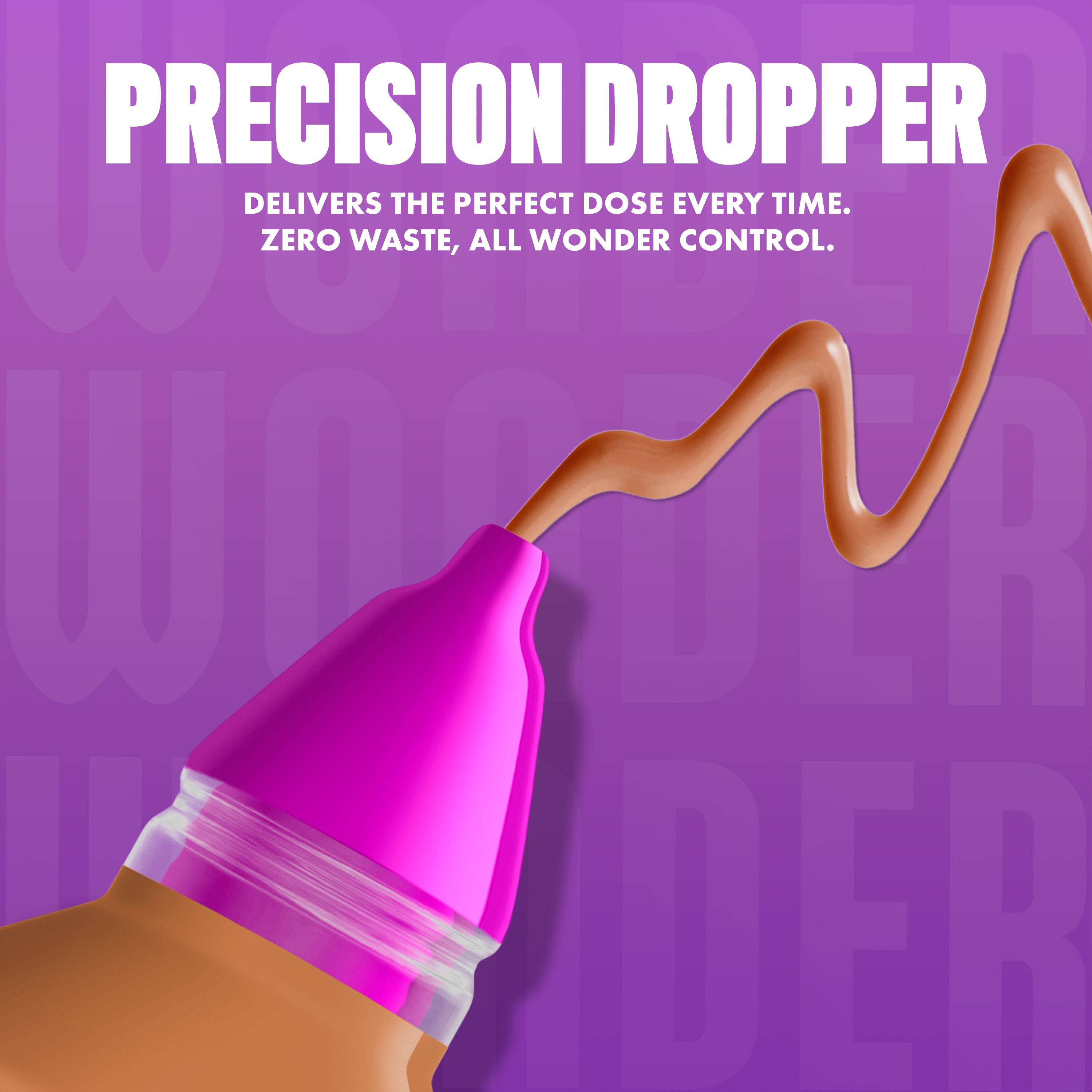 NYX Make ’Em Wonder Foundation in shade 26 Honey releasing a smooth, rich honey brown foundation with text  “Precision Dropper.”
