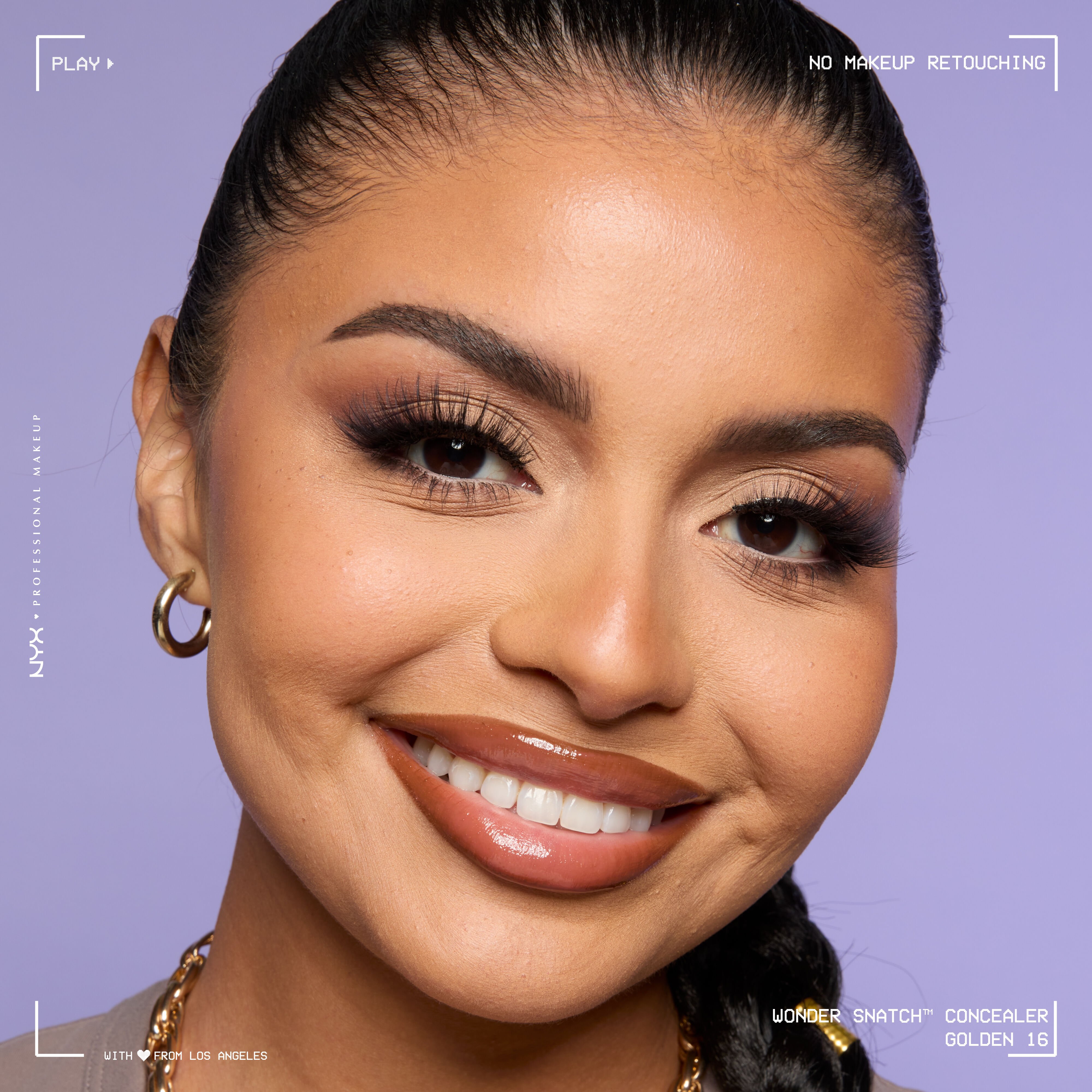 Close-up of model wearing Wonder Snatch(TM) Concealer, with brightened under-eyes, smooth-looking skin, and a natural finish.