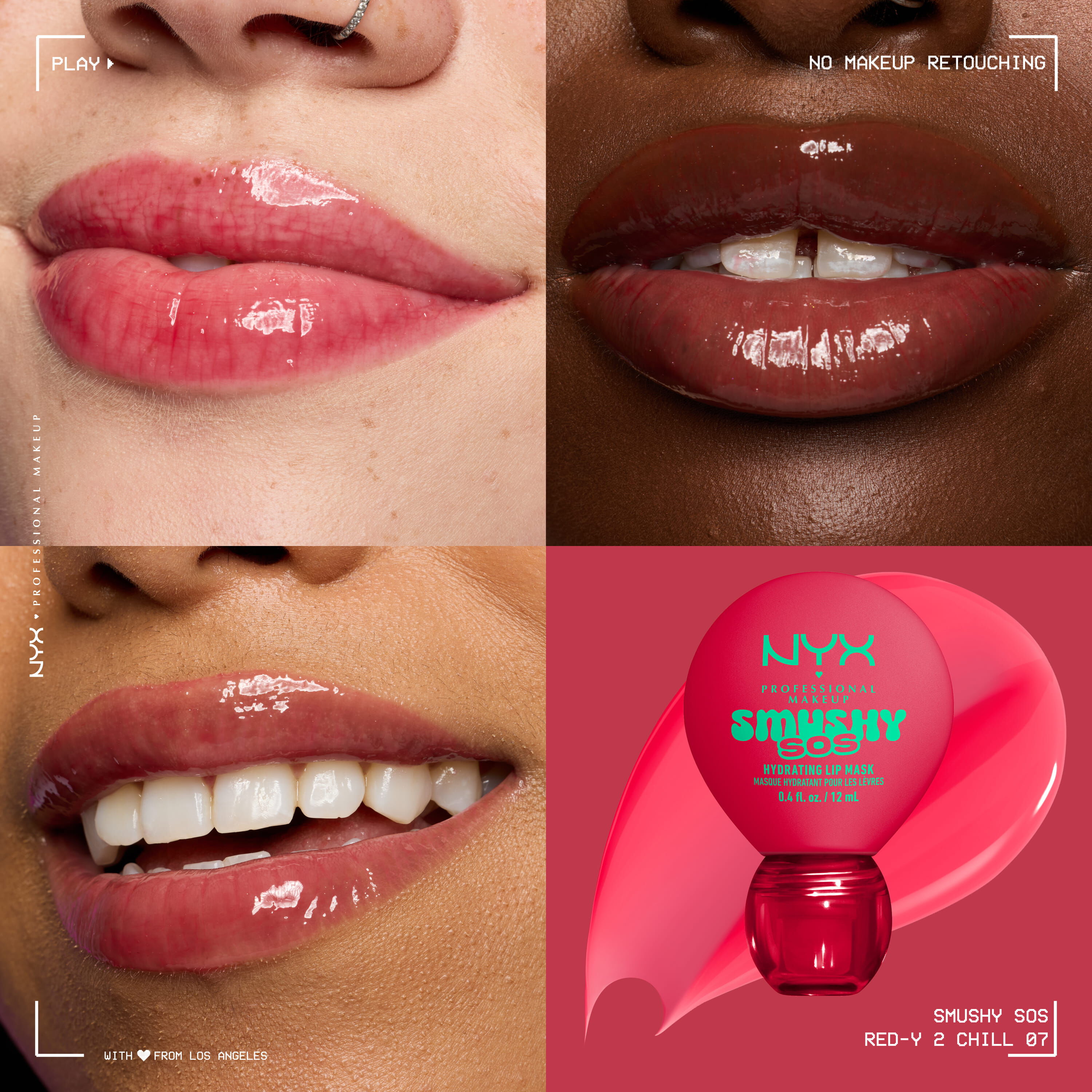 NYX Professional Makeup Smushy SOS tinted lip balm in Red-Y 2 Chill, a red shade, on three skin tones