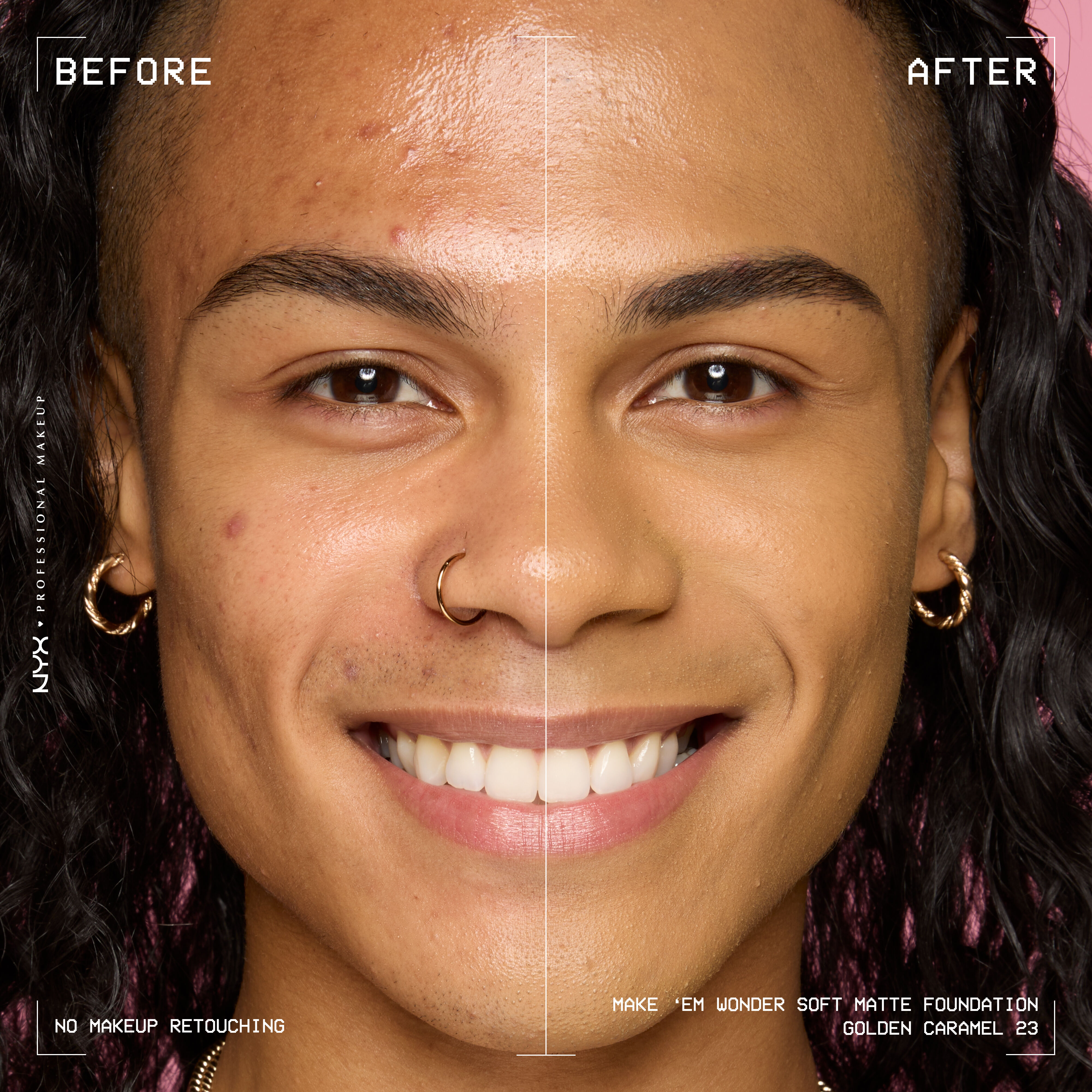 Before-and-after model wearing NYX Make ’Em Wonder Foundation shade 23 Golden Caramel, text overlay “Before / After.”