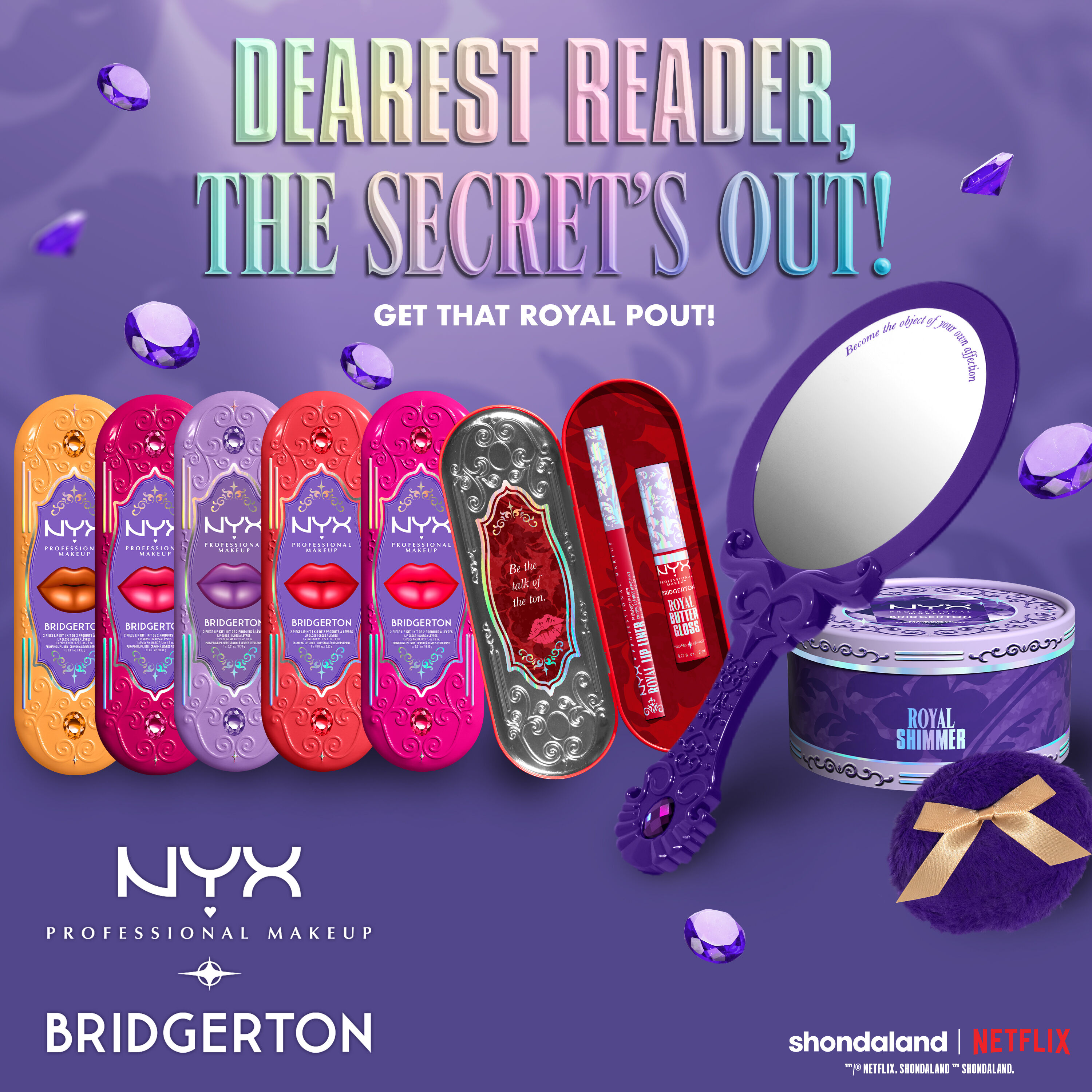 NYX Bridgerton collection with six lip kit tins, a compact mirror, and illuminating puff on a purple background.