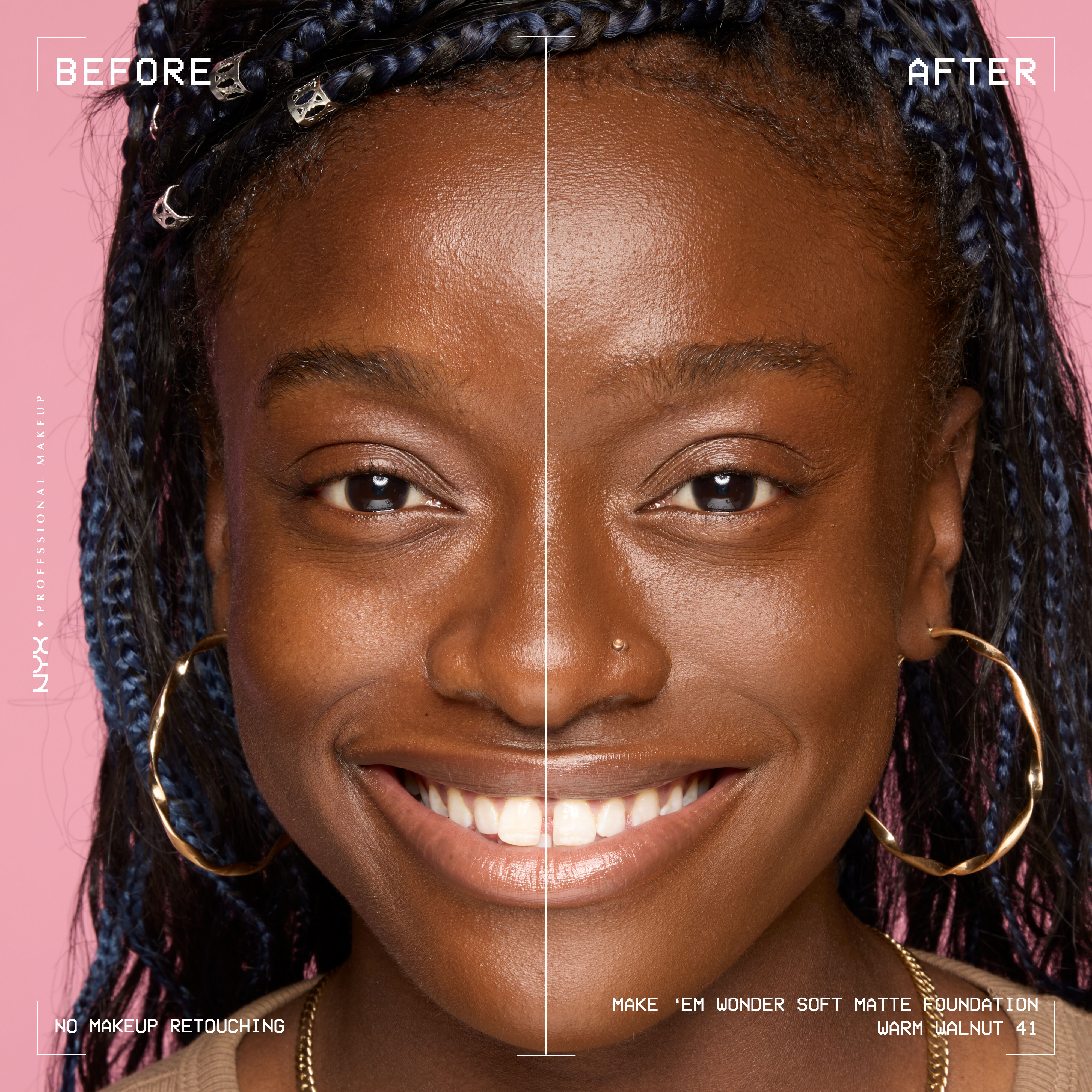 Before-and-after model wearing NYX Make ’Em Wonder Foundation shade 41 Warm Walnut, text overlay “Before / After.”