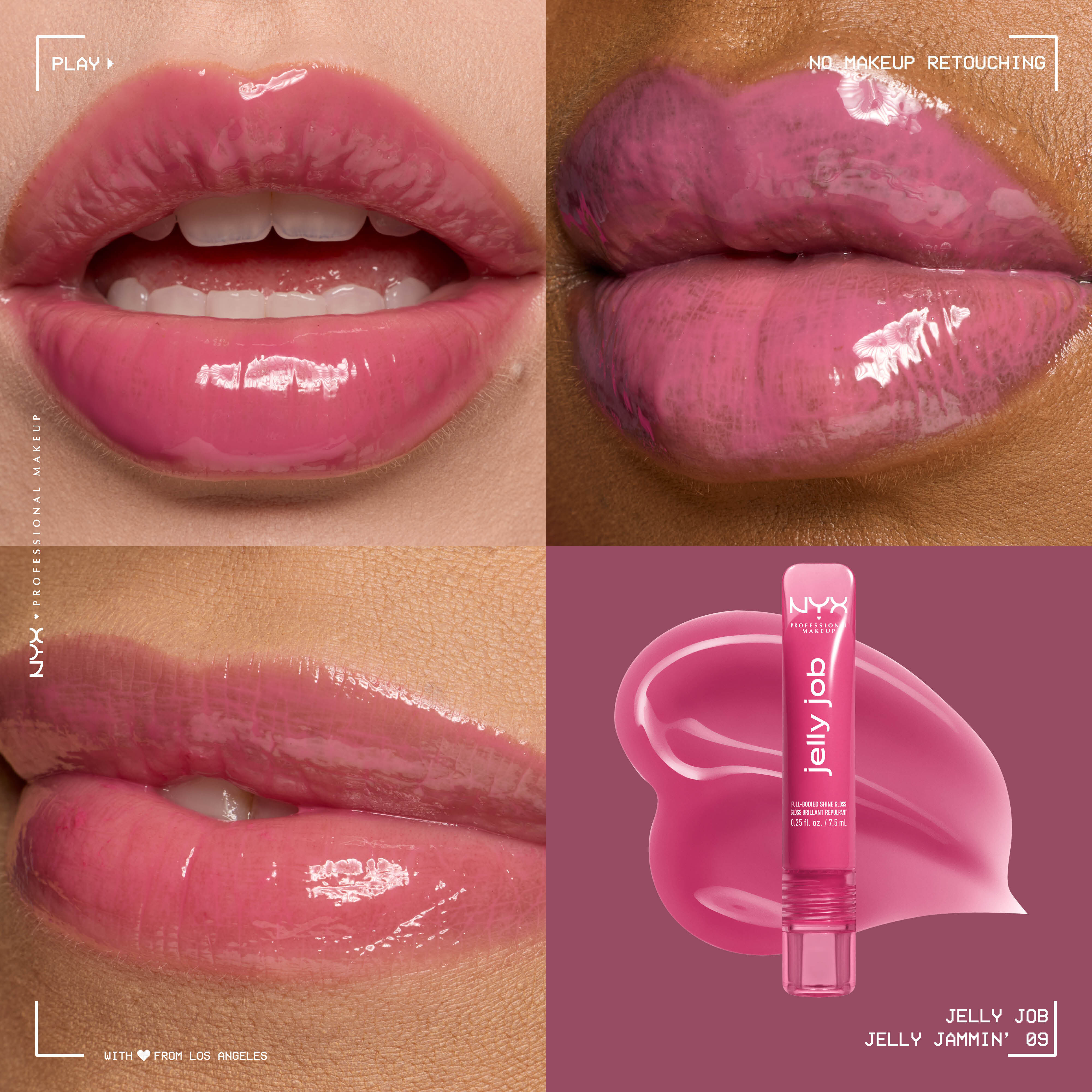 Close up of 3 models with varying skin tones wearing Jelly Job Jelly Lip Gloss in shade 'Jelly Jammin'', a cool pink color