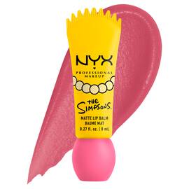 NYX Professional Makeup The Simpsons Smushy Smushy Matte Lip Balm packshot with pink swatch and yellow packaging on a white background in shade 01 Smarty Pink