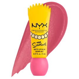 NYX Professional Makeup The Simpsons Smushy Smushy Matte Lip Balm packshot with pink swatch and yellow packaging on a white background in shade 01 Smarty Pink