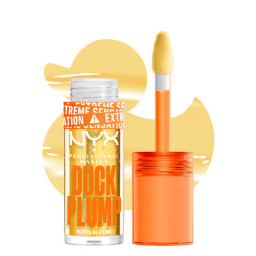 Duck Plump lip gloss bottle and applicator with duck cutout background