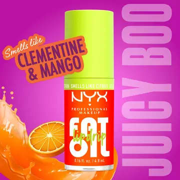 NYX Professional Makeup Fat Oil Lip Drip in Juicy Boo with clementine and mango scent, shown with citrus imagery and glossy lip oil packaging.