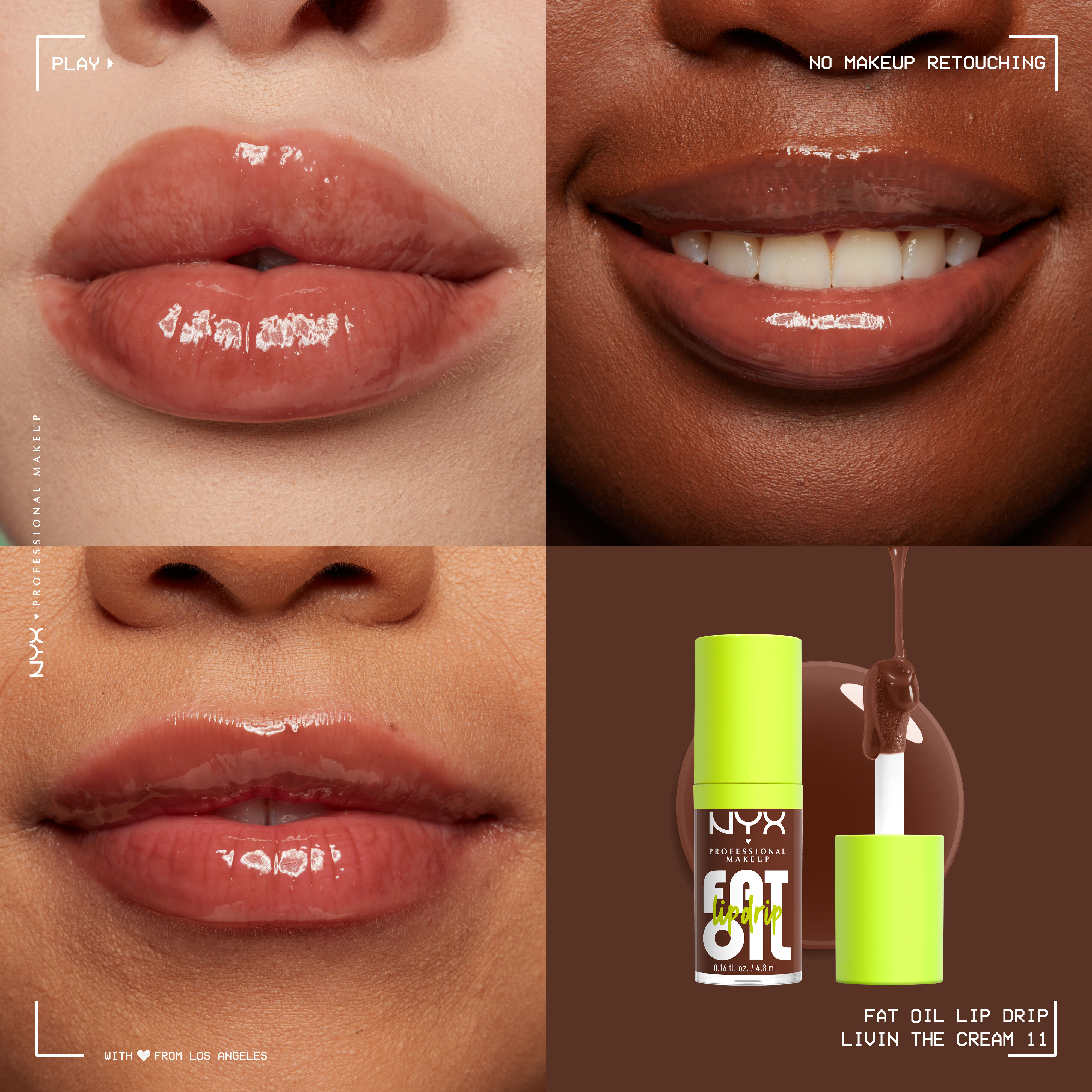 Fat Oil Lip Drip Lip Oil in shade Livin the Cream on three different skin tones