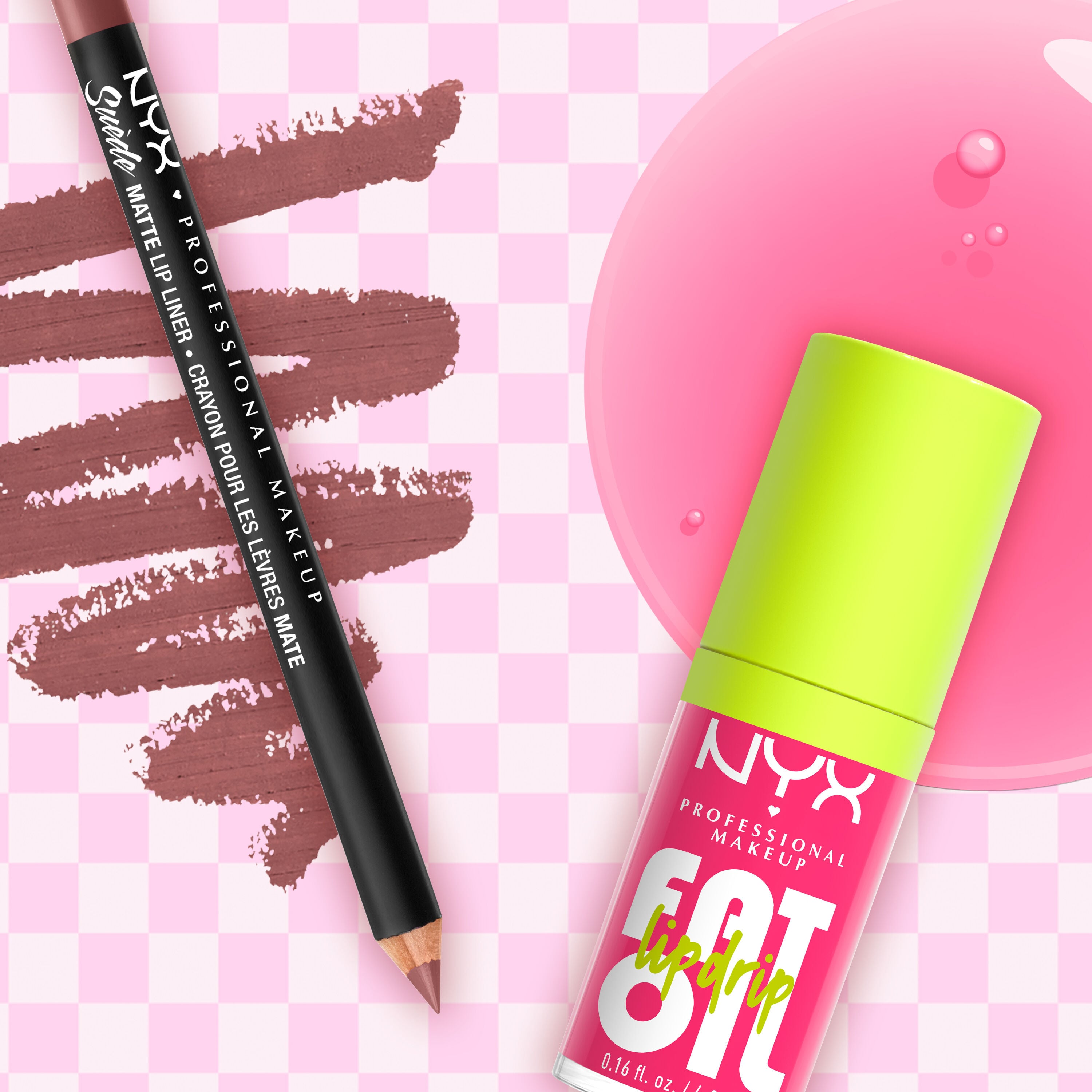 NYX Professional Makeup Suede Matte Lip Liner in 25 Whipped Caviar and Fat Oil Lip Drip in 02 Missed Call displayed in a flatlay with swatches on a pink check background.