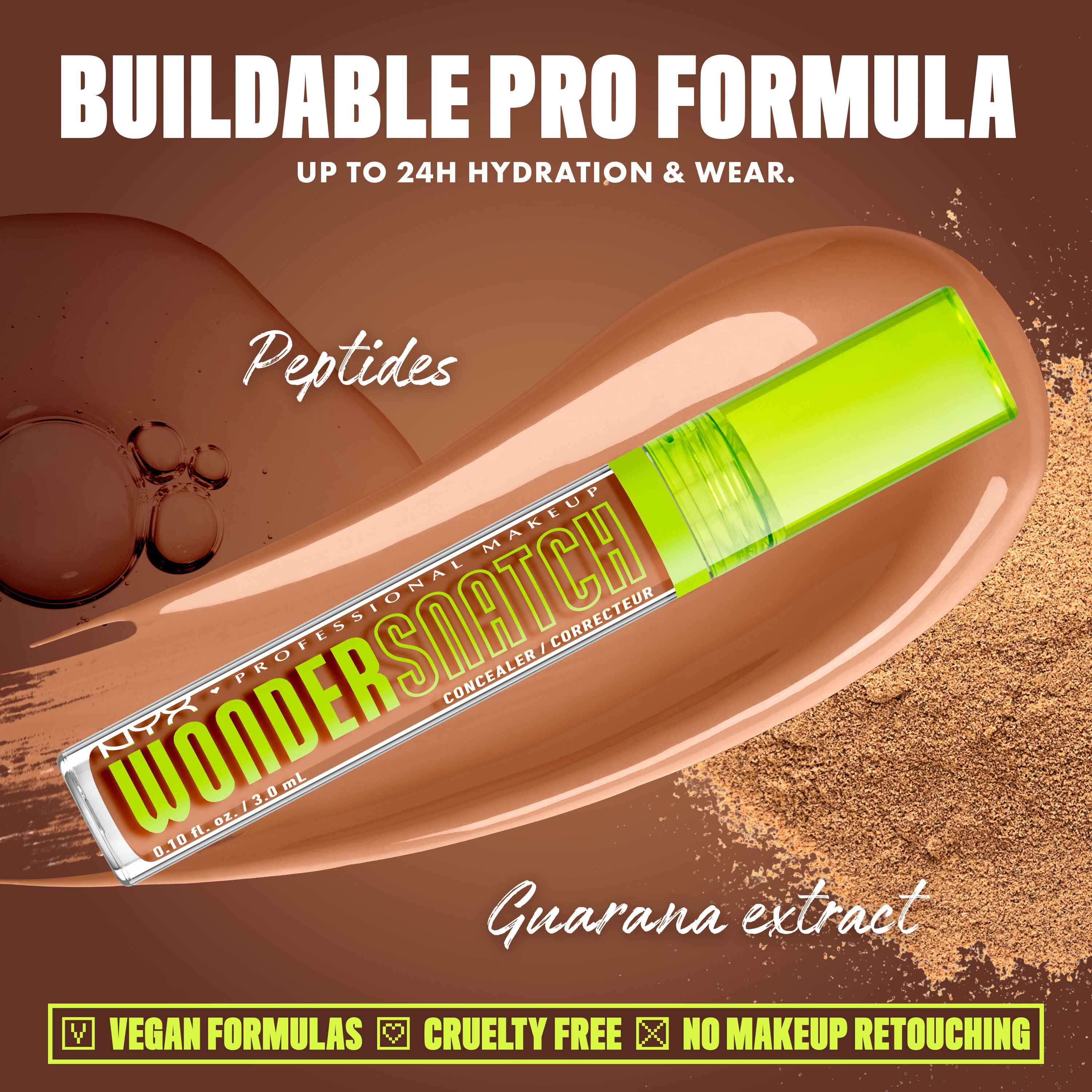 Wonder Snatch(TM) Concealer image with text: "Buildable Pro Formula. Up to 24H Hydration & Wear. Peptides. Guarana extract. Vegan Formulas. Cruelty Free. No Makeup Retouching."